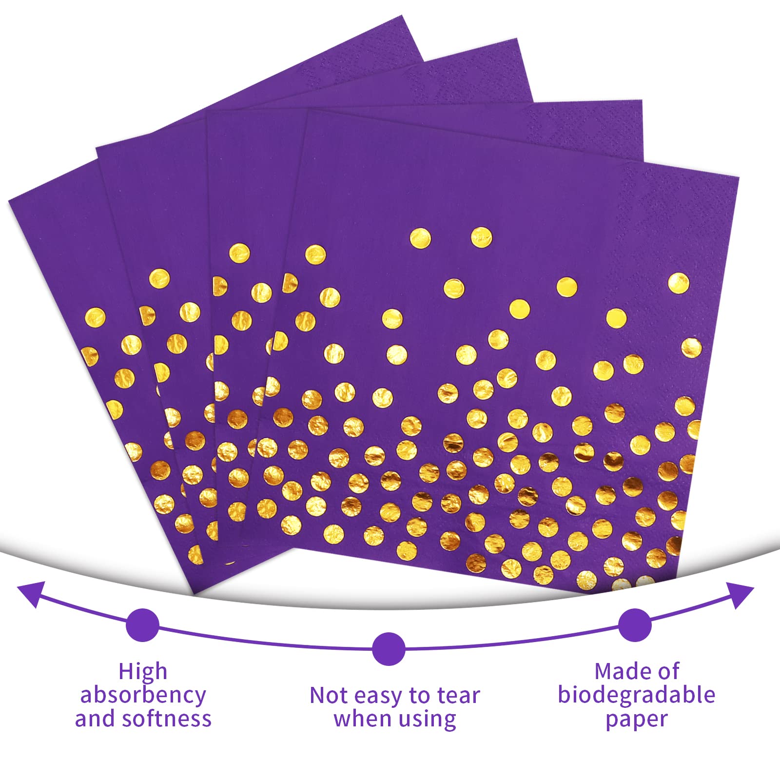 100-Pack Purple Cocktail Napkins with Gold Dots - Disposable Paper Dinner Napkins for Birthday, Anniversary, Wedding & Party Supplies - Perfect for Cocktail Hours, Bridal Showers, and Upscale Events