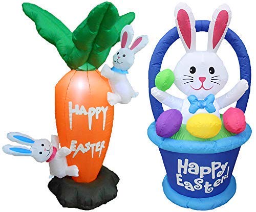 Easter Party Decorations Bundle - 4ft Tall Inflatable Carrot with Bunnies & LED Bunny with Basket - Outdoor Easter Yard Decor for Garden, Lawn, and Spring Celebrations