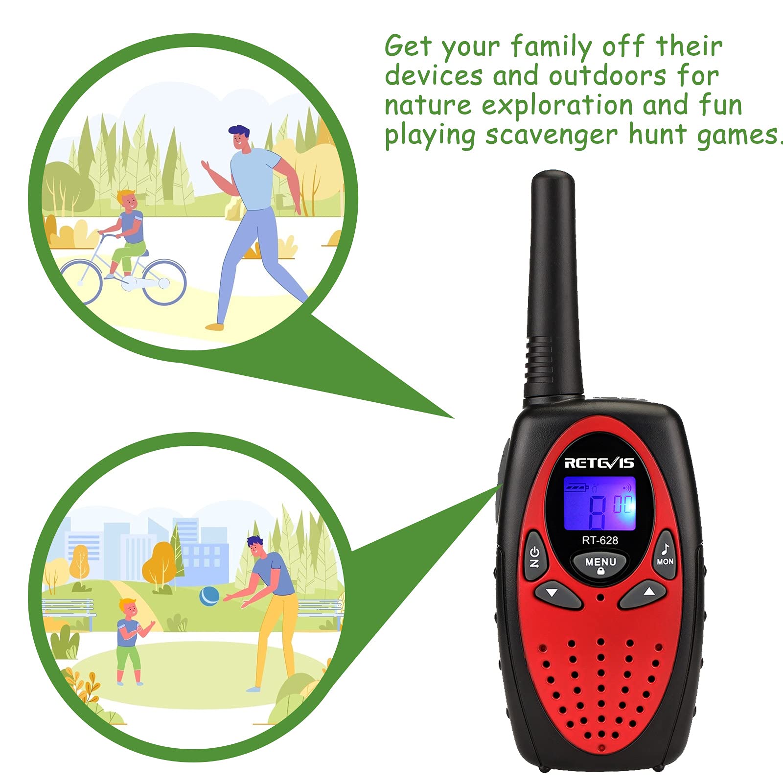 Retevis RT628 Kids Walkie Talkies - Rechargeable Long Range Walkie Talkies for Children, Birthday & Holiday Toy Gifts for Family - Easy to Use for Camping, Hiking & Outdoor Adventures (2 Pack, Red) - Perfect for Backyard Play, Road Trips & Family Bonding Activities