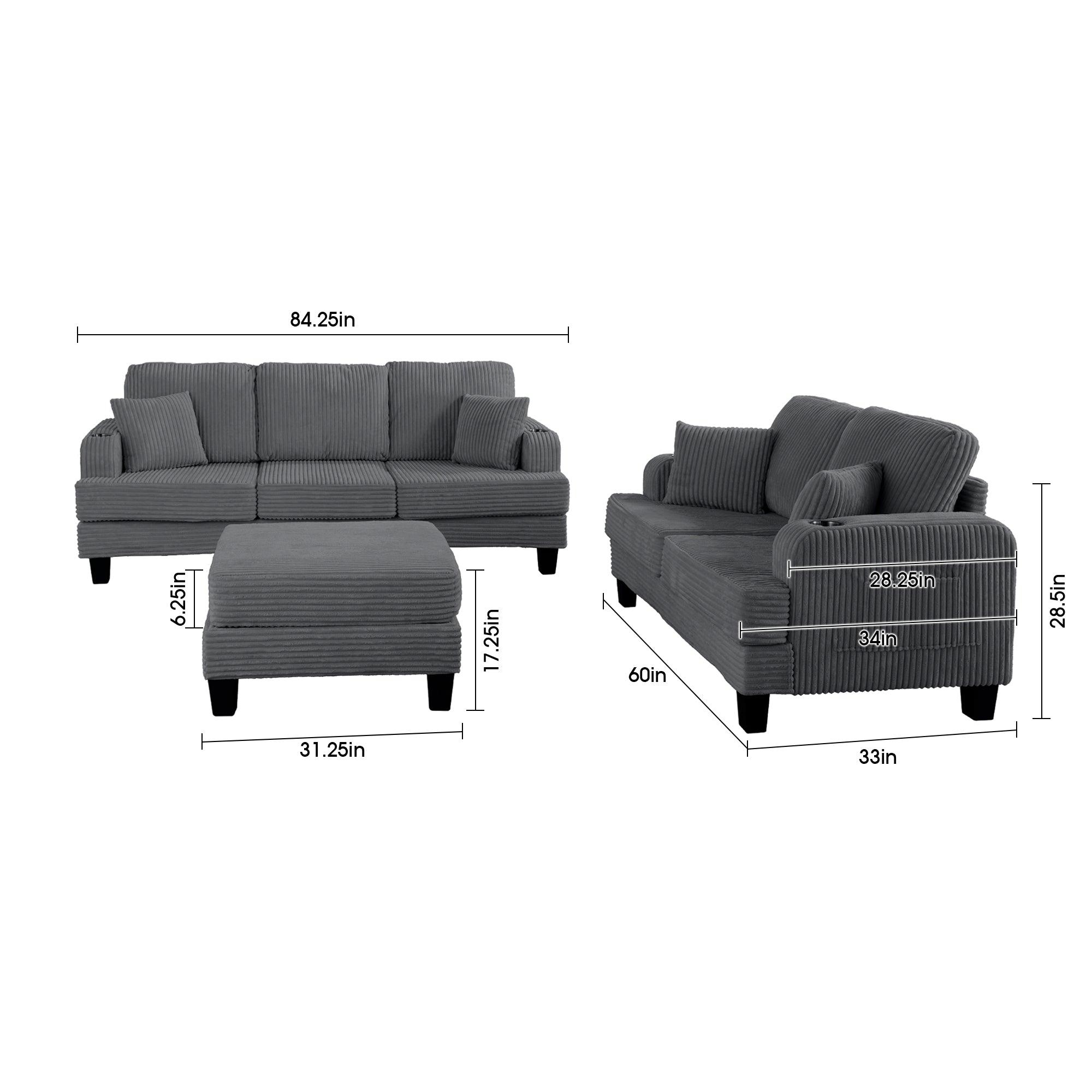 Dark Gray 3-Piece Sectional Sofa Set with Storage Ottoman - 3-Seater Couch & Loveseat with USB Charging Ports, Side Pockets & Throw Pillows - Modern Living Room Furniture for Small Spaces & Apartments - Perfect for Family Gatherings, Movie Nights & Home Office Lounging