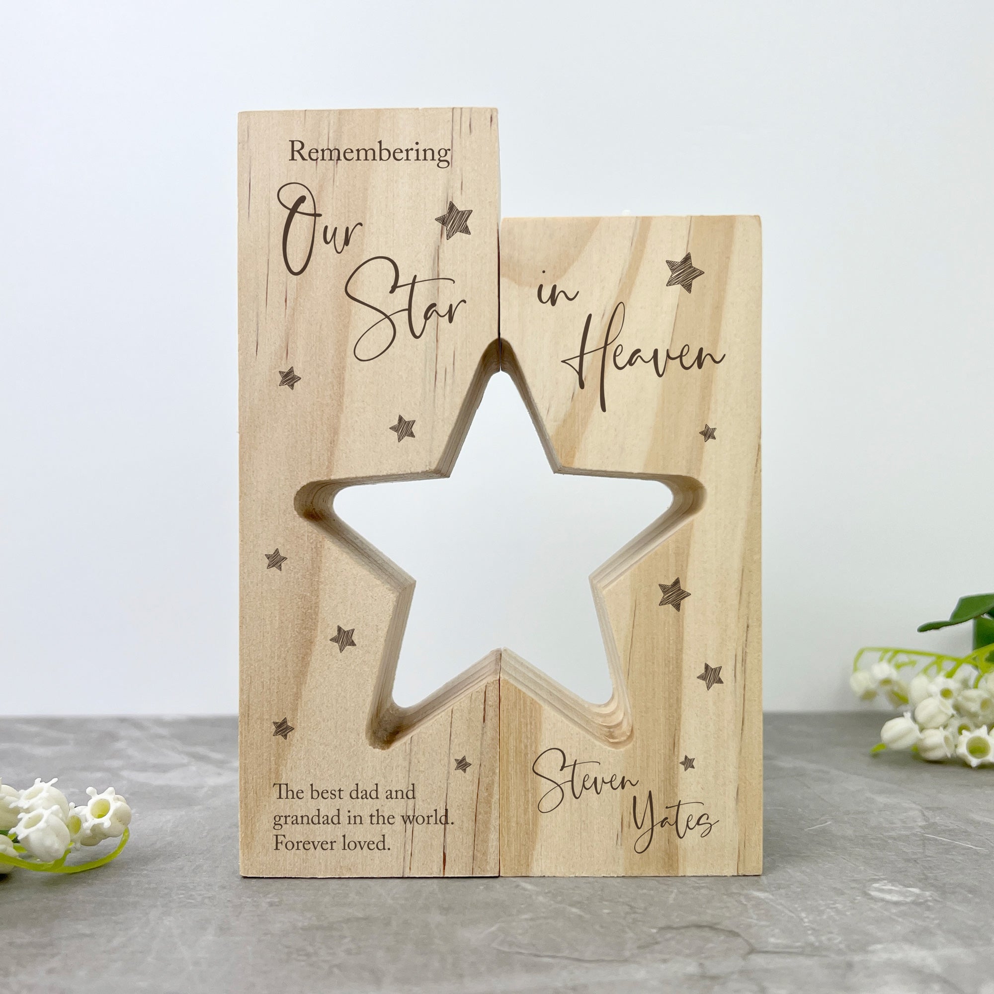 Personalized Solid Wood Memorial Star Tea Light Holders - Handcrafted Wooden Candle Holder for Memorial, Wedding, Home Decor & Special Occasions