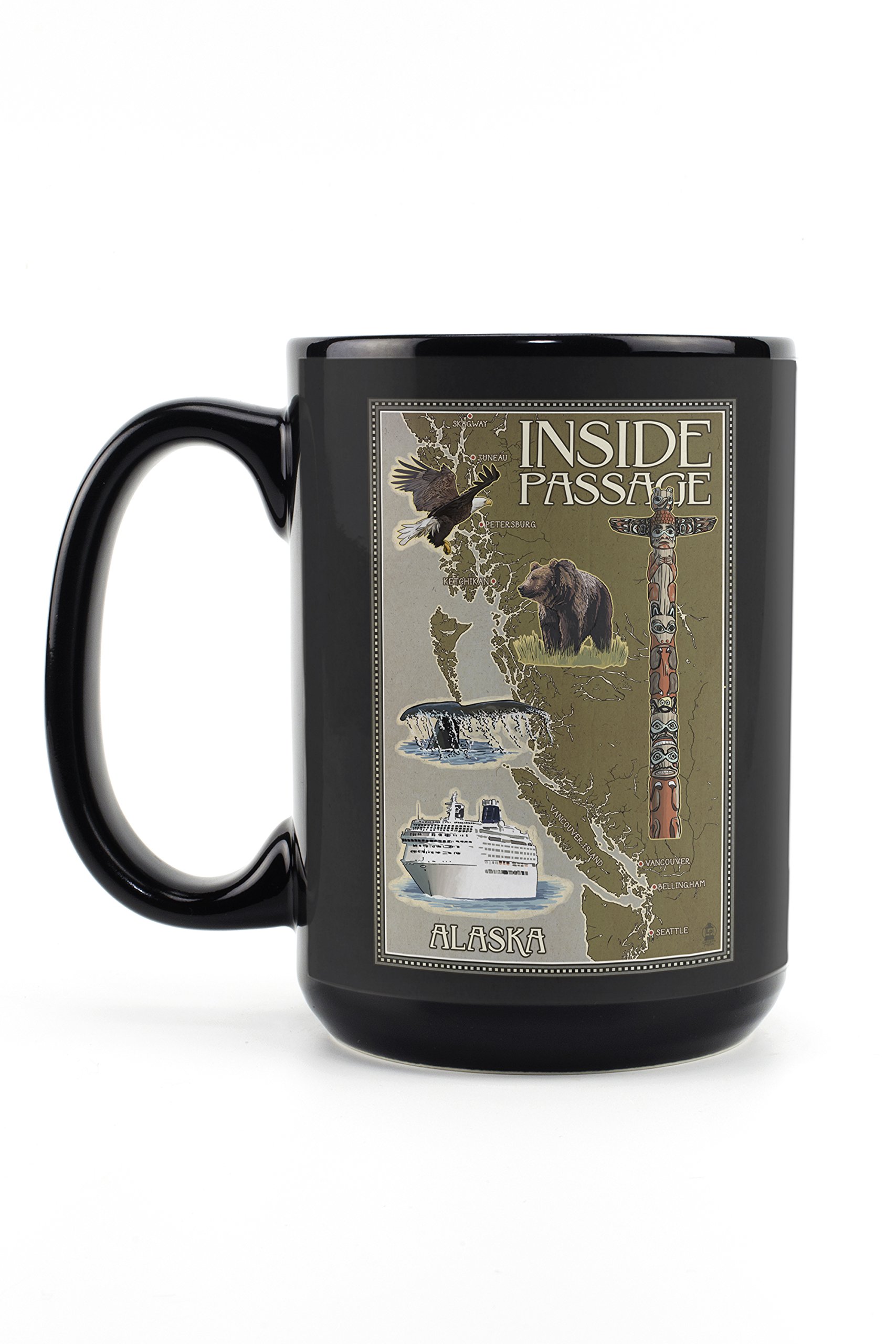 Lantern Press Alaska's Inside Passage Map - 15oz Black Ceramic Coffee Mug & Tea Cup | Dishwasher & Microwave Safe | Perfect for Home, Office & Outdoor Adventures