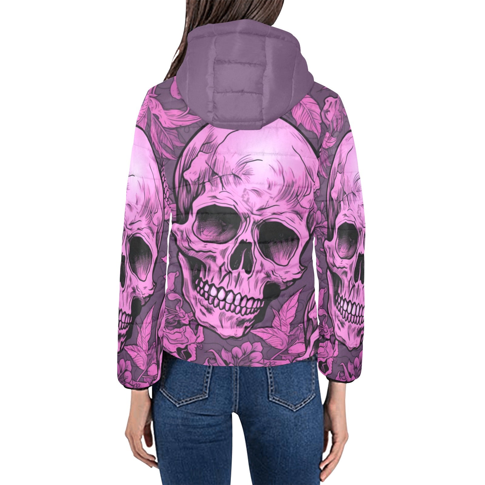 Stylish Pink Skulls Padded Hooded Jacket for Women - Trendy Winter Outerwear for Streetwear & Casual Fashion