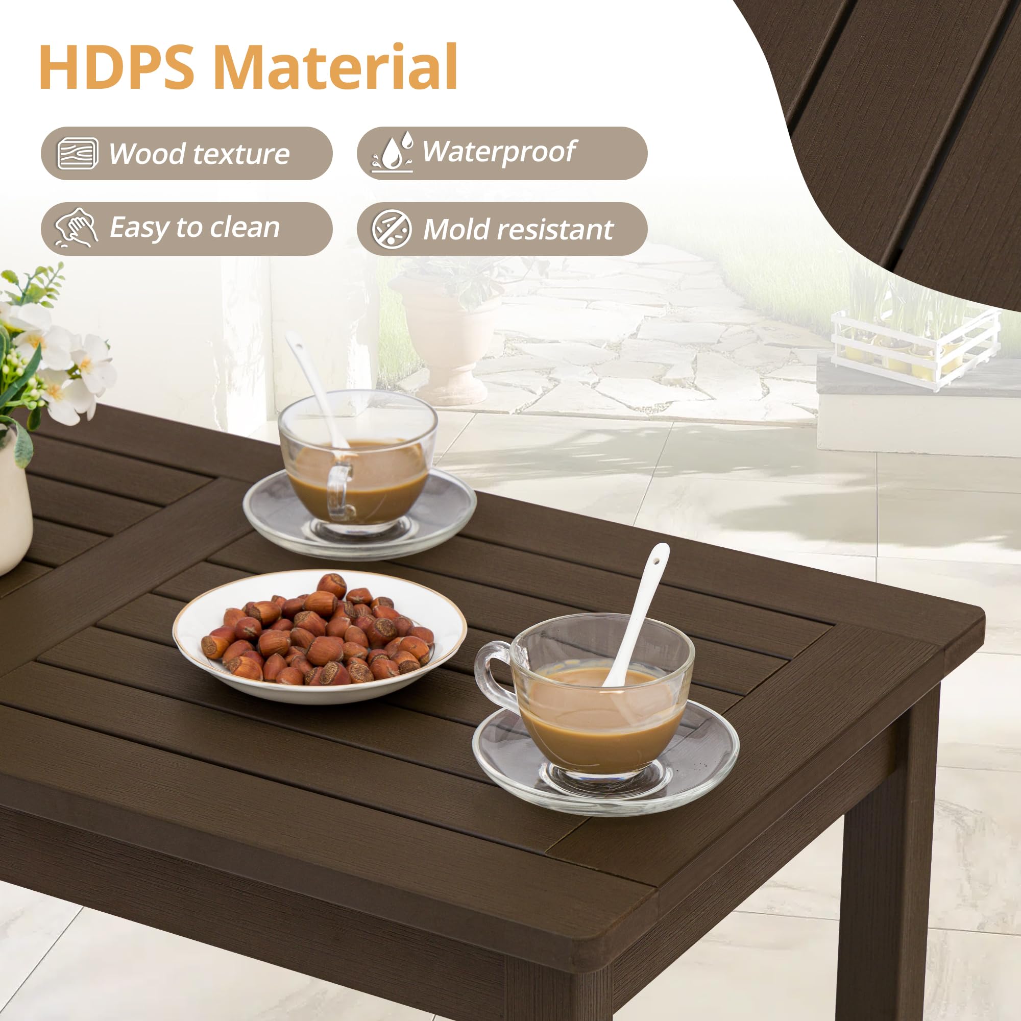 LUE BONA Outdoor Coffee Table Rectangle - All Weather HDPS Patio Coffee Table with Slatted Tabletop for Deck, Garden, Balcony - Indoor/Outdoor Use Dark Brown | Perfect for Backyard, Poolside & Patio Relaxation