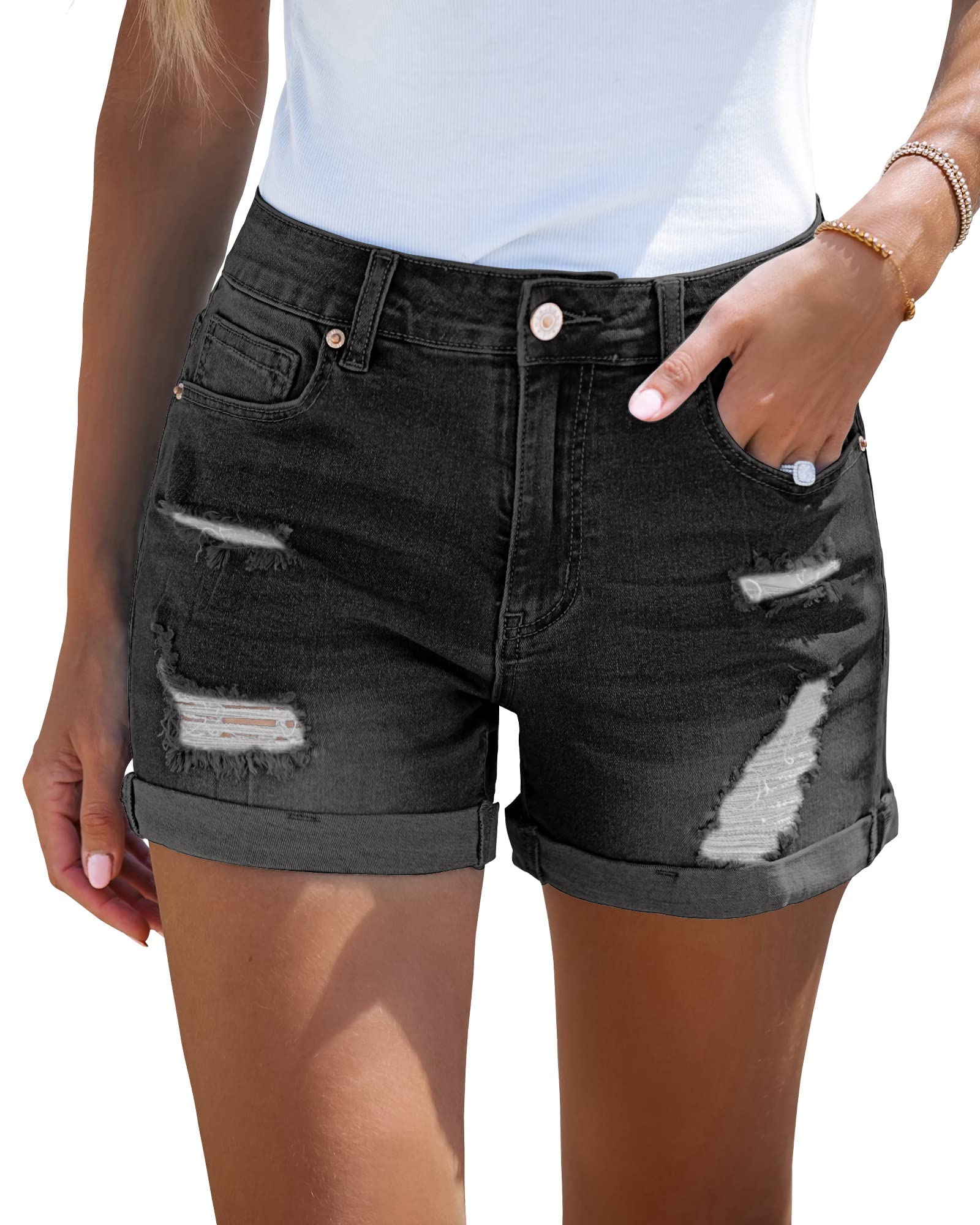LookbookStore Women's High Waisted Rolled Hem Distressed Jeans Ripped Denim Shorts - Trendy Vintage Style for Casual Outfits, Summer Fashion, and Streetwear