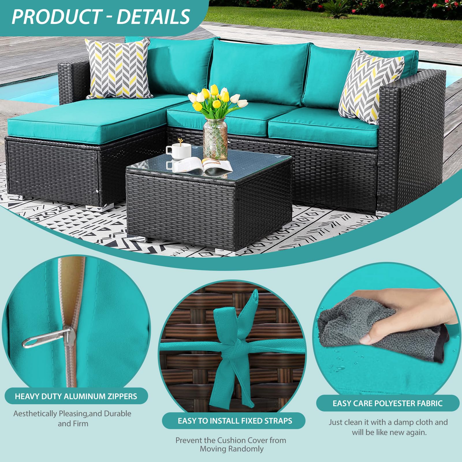 Waterproof Outdoor Cushion Covers for Patio Furniture - 12PC Washable Replacement Covers with Zipper & Ties for Wicker Rattan Sofa, Chair (Lake Blue) | Perfect for Backyard, Deck, Poolside & Garden Seating