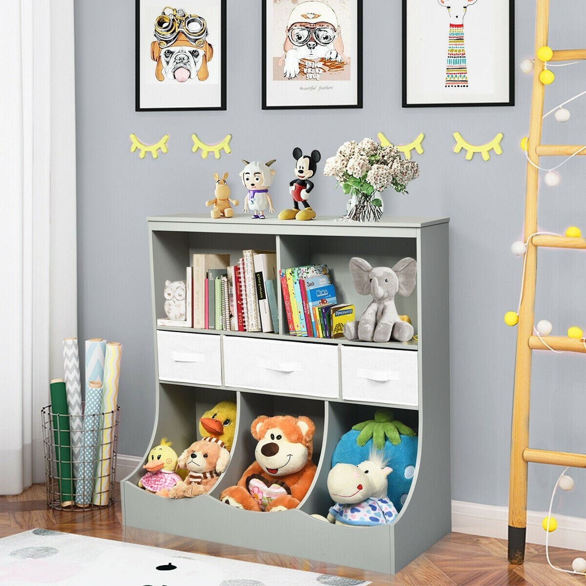 Freestanding Combo Cubby Bin Storage Organizer Unit with 3 Baskets - Gray - Perfect for Kids' Room, Playroom, and Home Organization