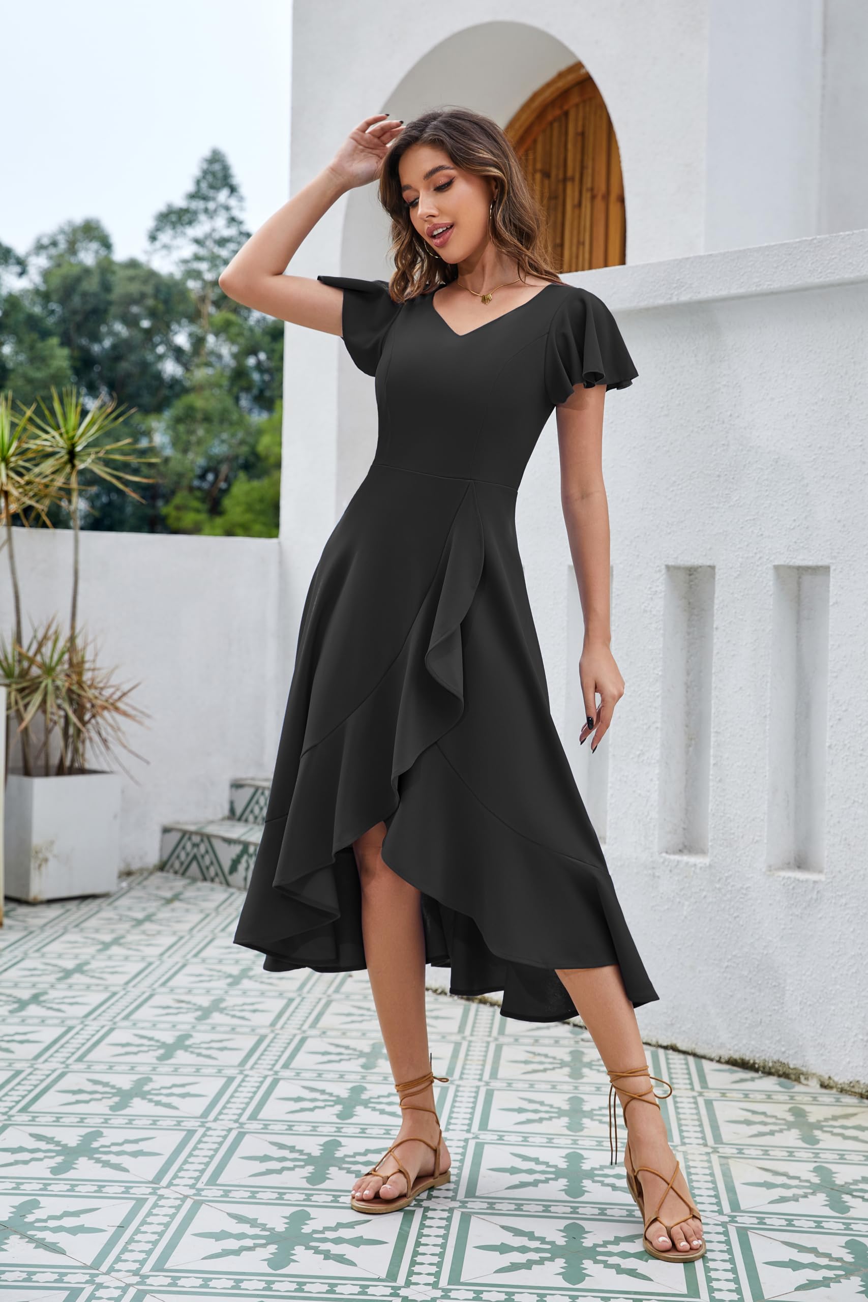 Elegant V-Neck Ruffle Sleeve Formal Dress for Women | Wedding Guest, Evening Party & Cocktail Graduation Dress | 2025 Trendy Women's Fashion for Special Occasions
