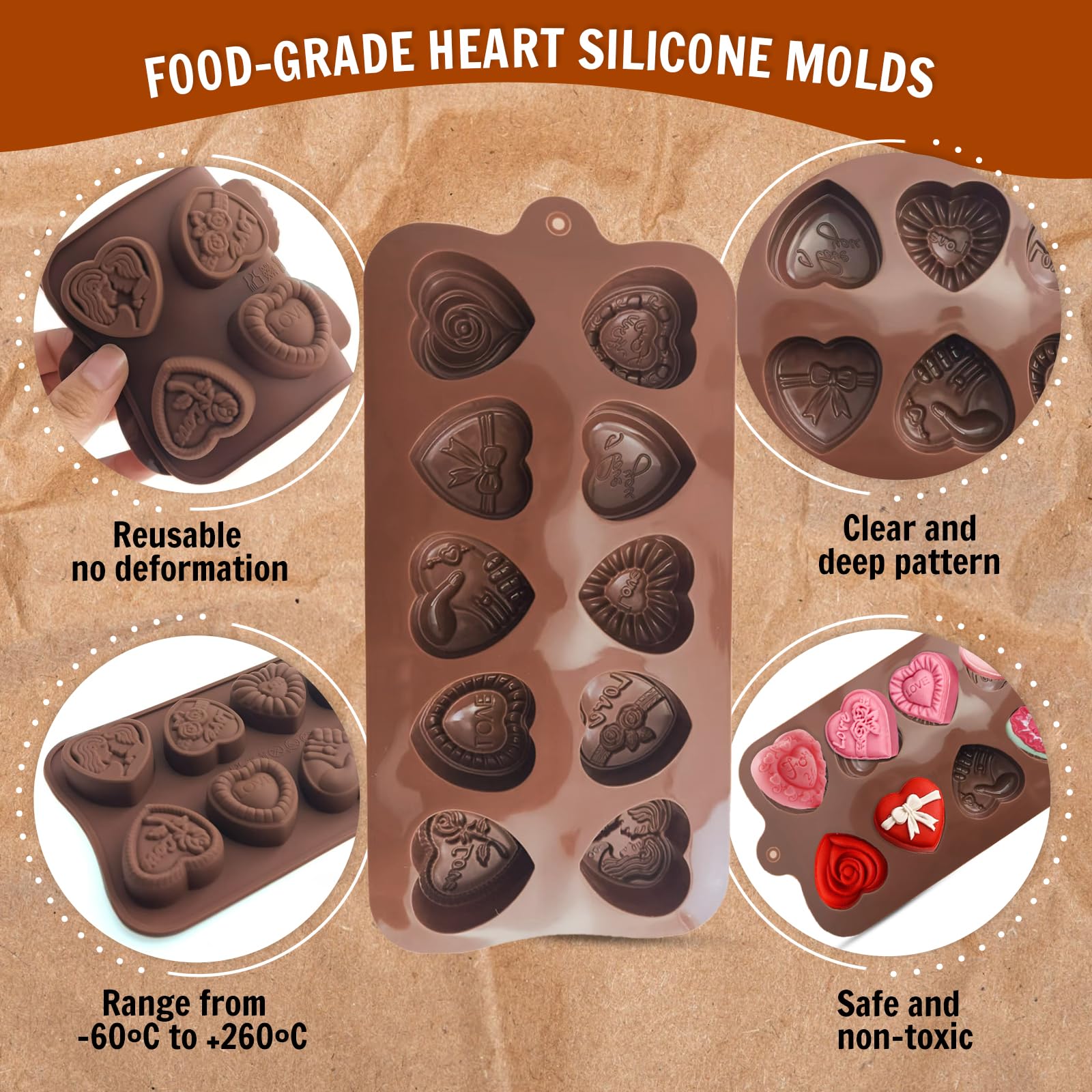 2PCS Heart Chocolate Molds Set - 10 Romantic Rose Silicone Baking Molds for DIY Chocolate, Candy, Gummy & Ice Cubes - Non-Stick, Reusable - Perfect for Valentine's Day, Weddings & Romantic Desserts