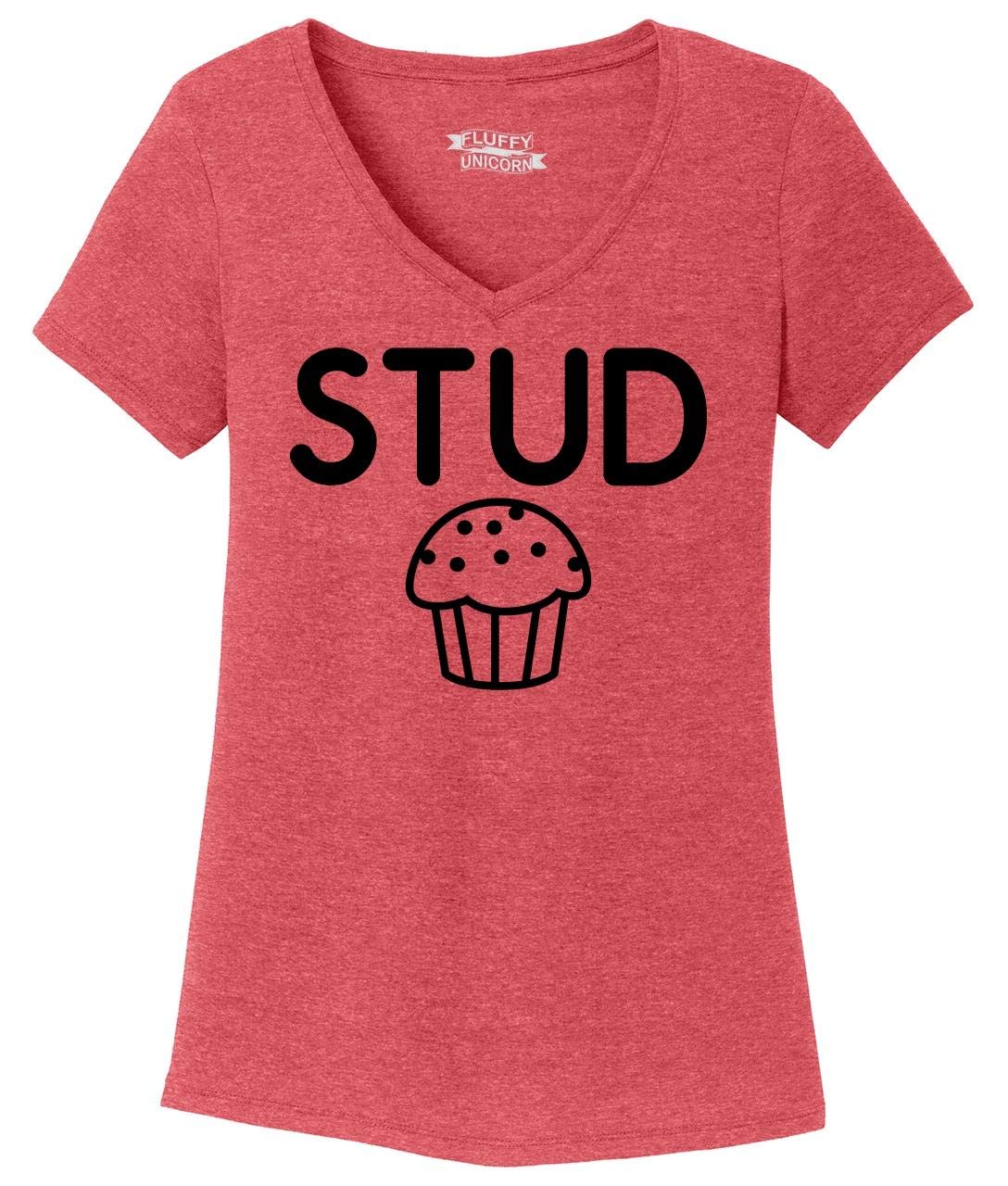 Funny Stud Muffin Graphic T-Shirt for Women - Cute Boyfriend Style V-Neck Triblend Tee - Perfect for Casual Wear, Date Nights & Gifts