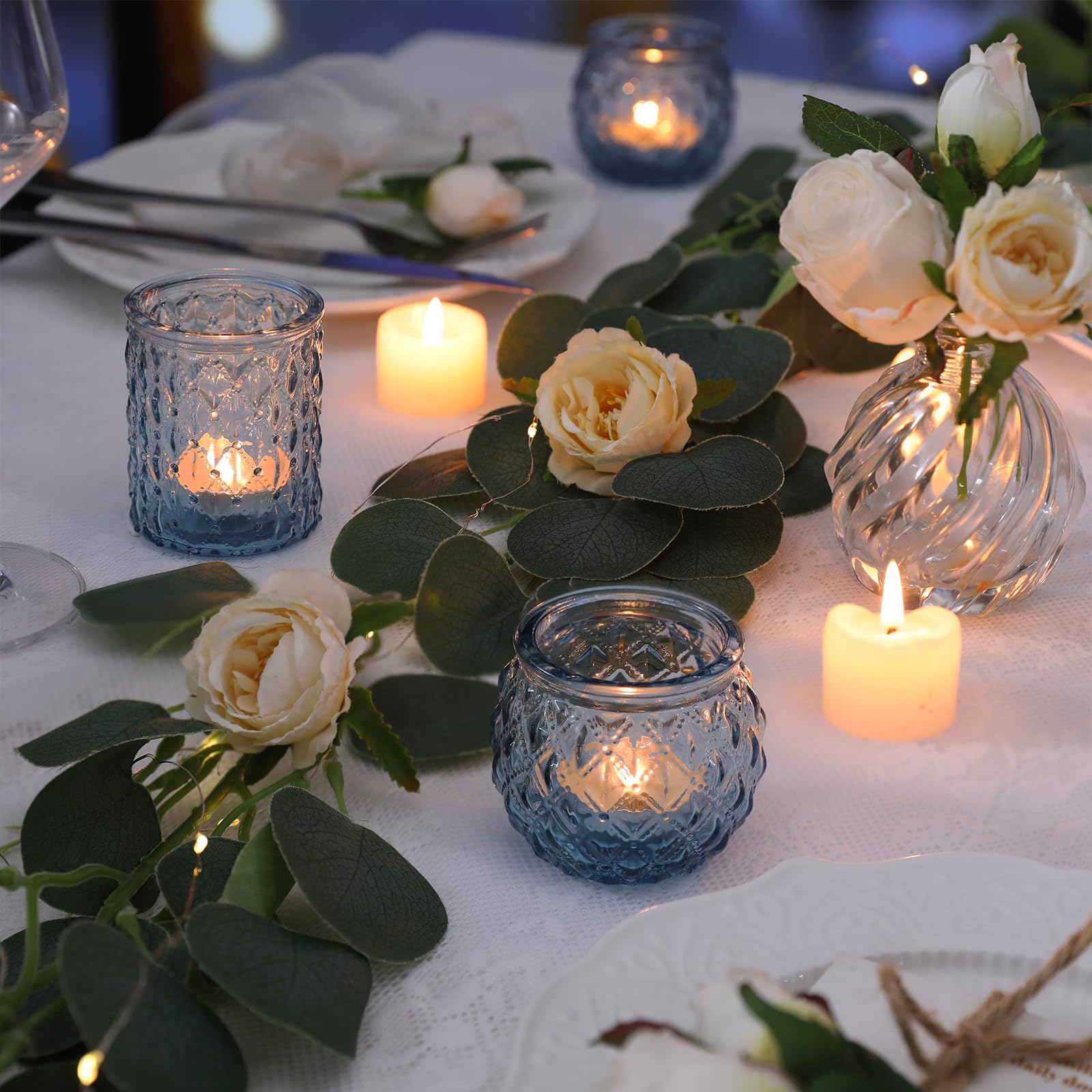 36-Piece Blue Glass Votive Candle Holders Set - Round Tea Light Holders Bulk for Wedding, Party & Home Decor - Perfect for Centerpieces, Table Settings, Romantic Ambiance & Gift Giving