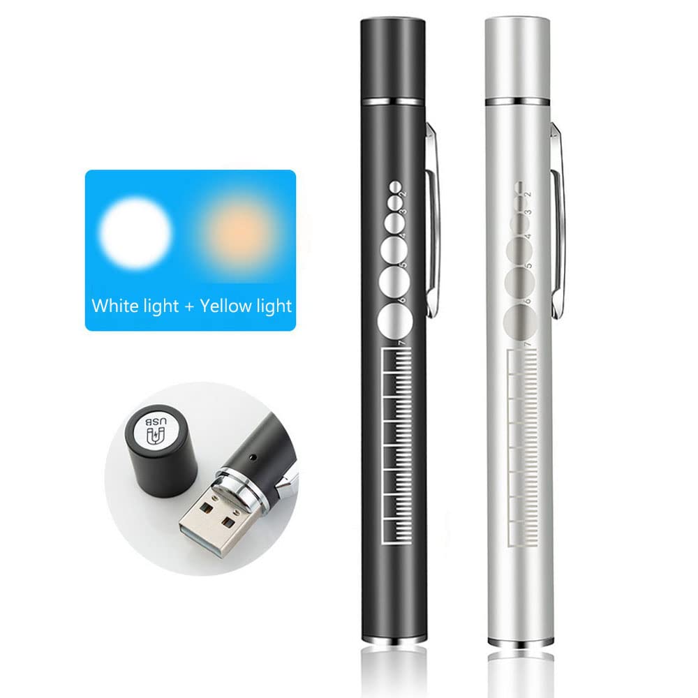 2 Pack Dual Color LED Pen Light - White & Yellow USB Rechargeable Medical Flashlight with Clip | Nursing, Inspection, Emergency & Pocket Use
