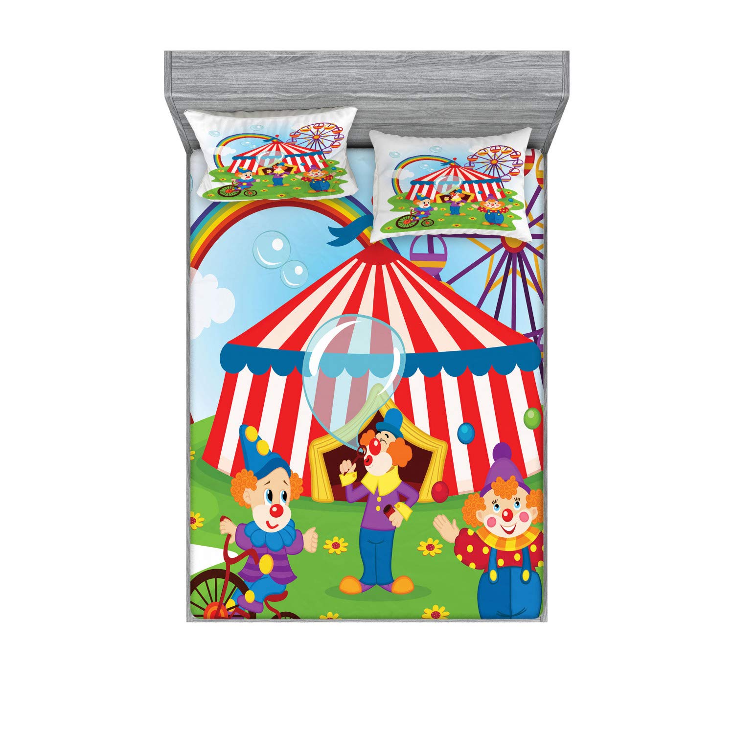 Ambesonne Circus Fitted Sheet & Pillow Sham Set - Colorful Clowns, Rainbow Ferris Wheel & Happy Bubbles Childhood Theme Bedding Decor | 3-Piece King Size Printed Cotton Set for Kids Room, Nursery or Themed Bedroom Decor