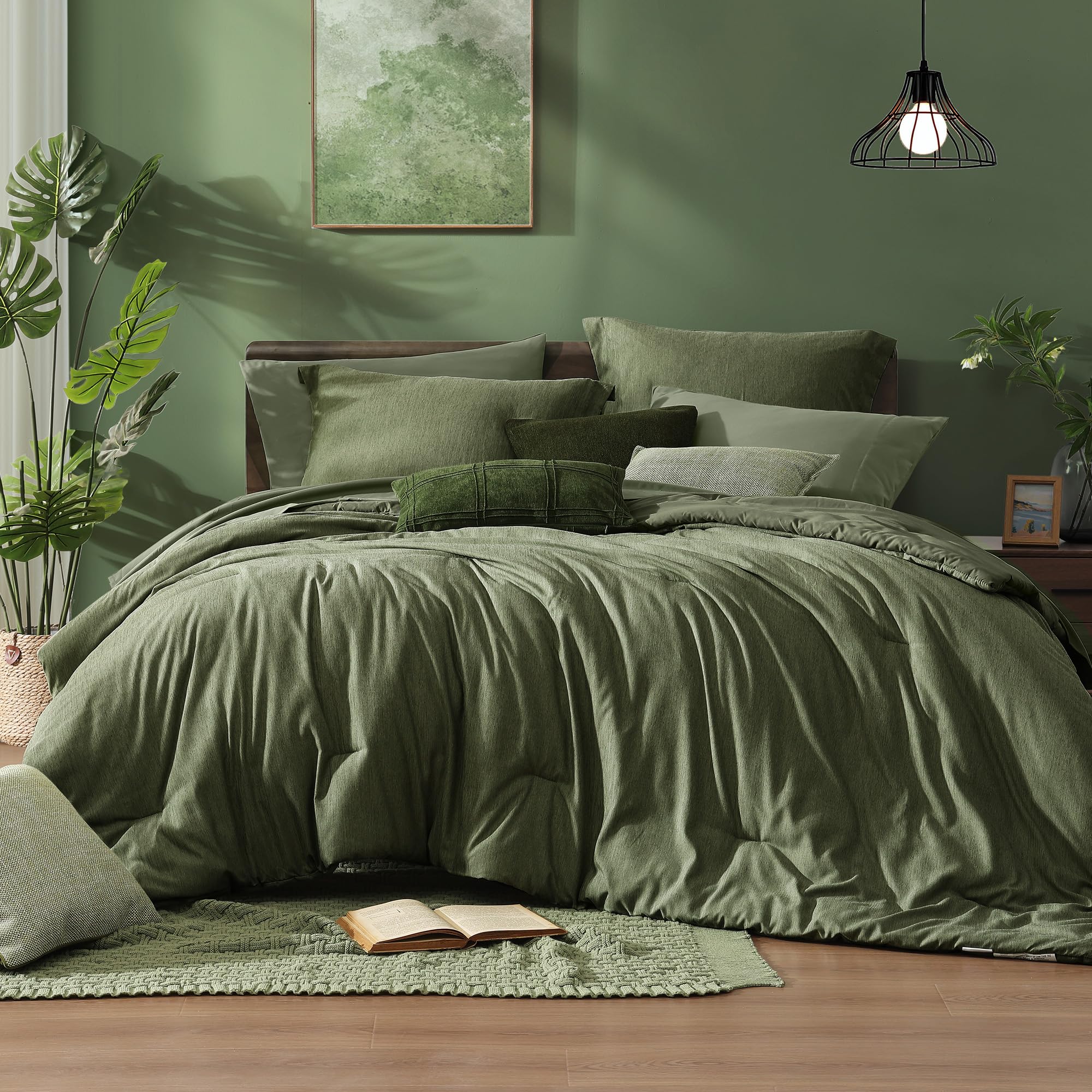 Monbix Queen Comforter Set - 7 Piece Olive Green Reversible Bedding Set with Comforter, Sheets & Pillowcases | Cationic Dyeing Technology | Perfect for Master Bedroom, Guest Room & Dorm Decor