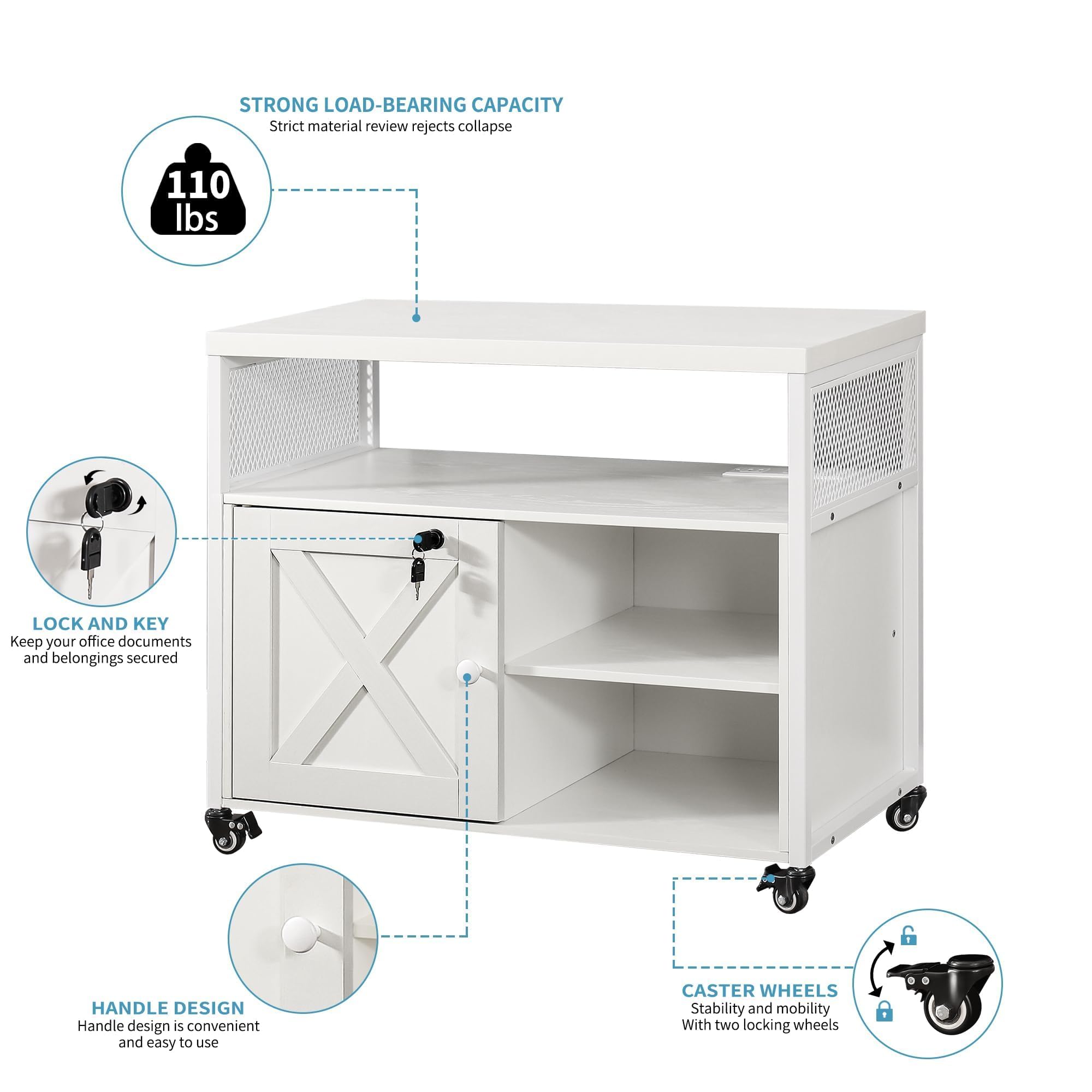 FUSUNBAO White Farmhouse Printer Stand with Storage - Rolling Printer Cabinet with Shelves, USB Charge Station, Locking Wheels & File Drawer - Home Office Storage Organizer for Printer, Scanner & Supplies (Perfect for Small Spaces & Workspaces)