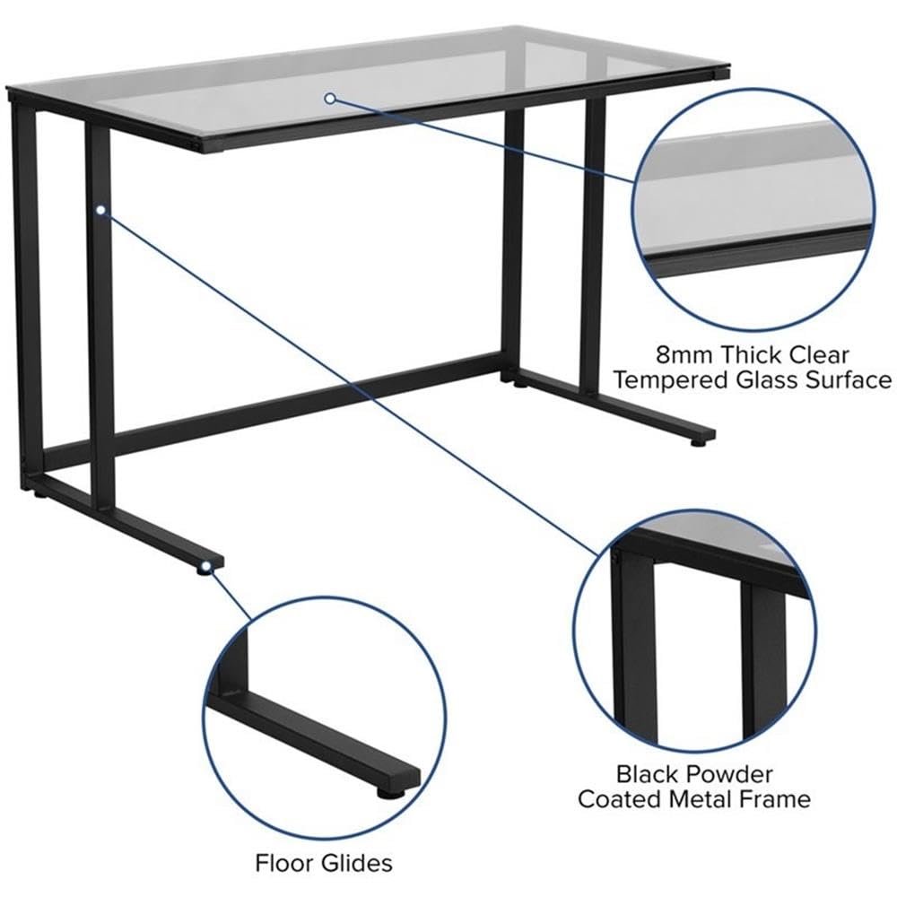 Flash Furniture Singleton Glass Desk with Black Pedestal Metal Frame - Modern Office Desk for Home & Workspace - Perfect for Small Spaces, Study Rooms & Home Offices