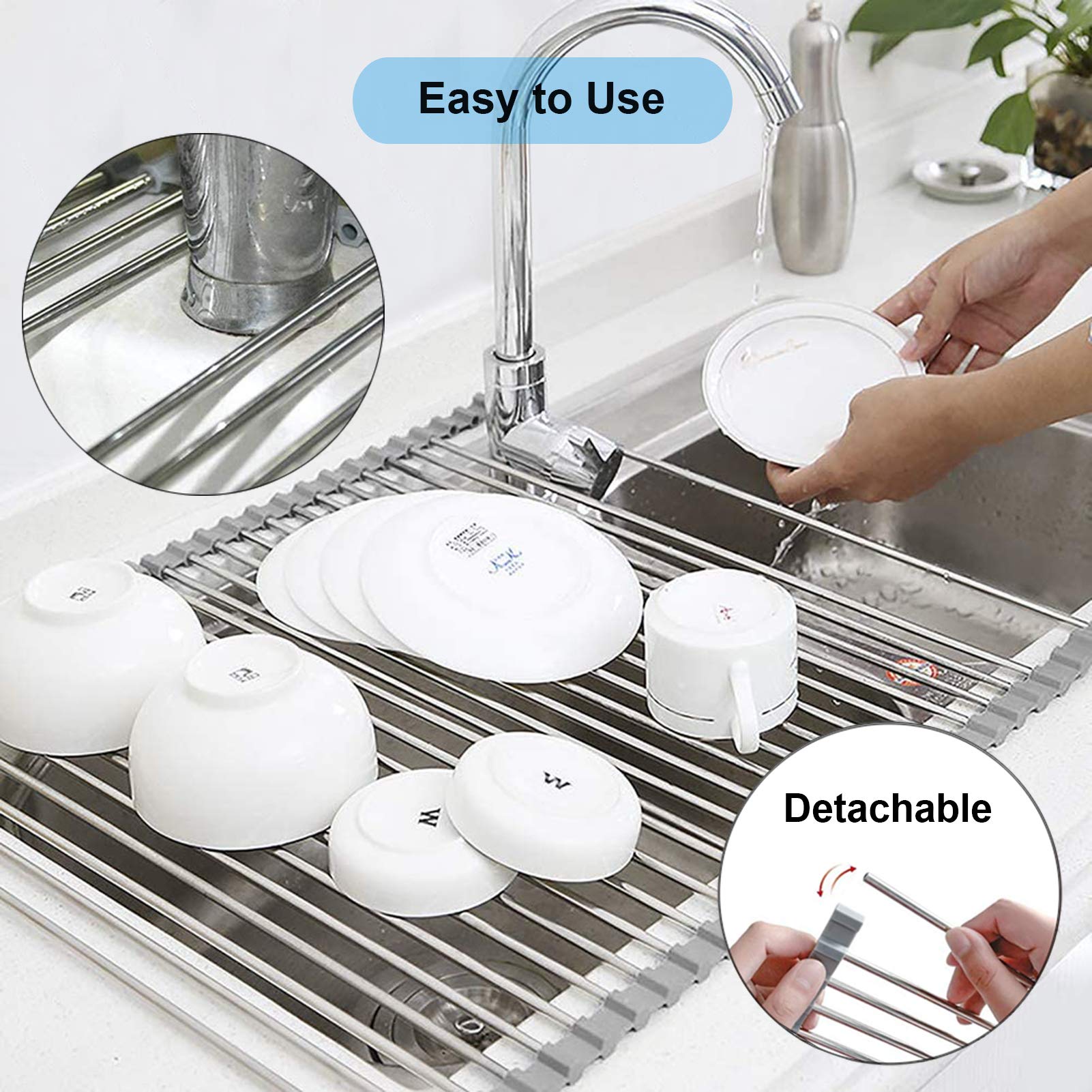 Searik Foldable Stainless Steel Dish Drying Rack - Over The Sink Space Saving Kitchen Organizer (20.5