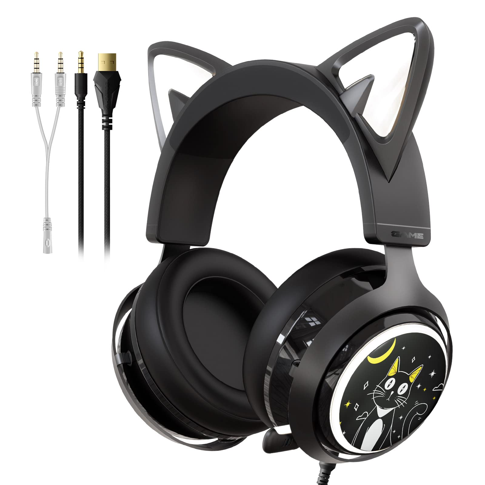 SOMiC GS510 Cat Ear Gaming Headset with Retractable Mic - 3.5mm Wired Noise Cancelling Headphones for Xbox One, PS5, PS4, PC (Black) - Perfect for Live Streaming, Gaming & Online Classes