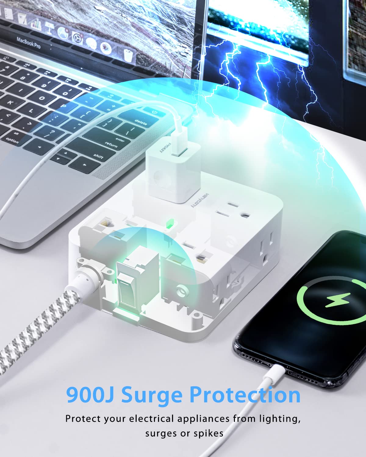 8-Outlet Surge Protector Power Strip with 4 USB Ports (5 ft Cord) - Ideal for Home, Office & Travel Charging Multiple Devices