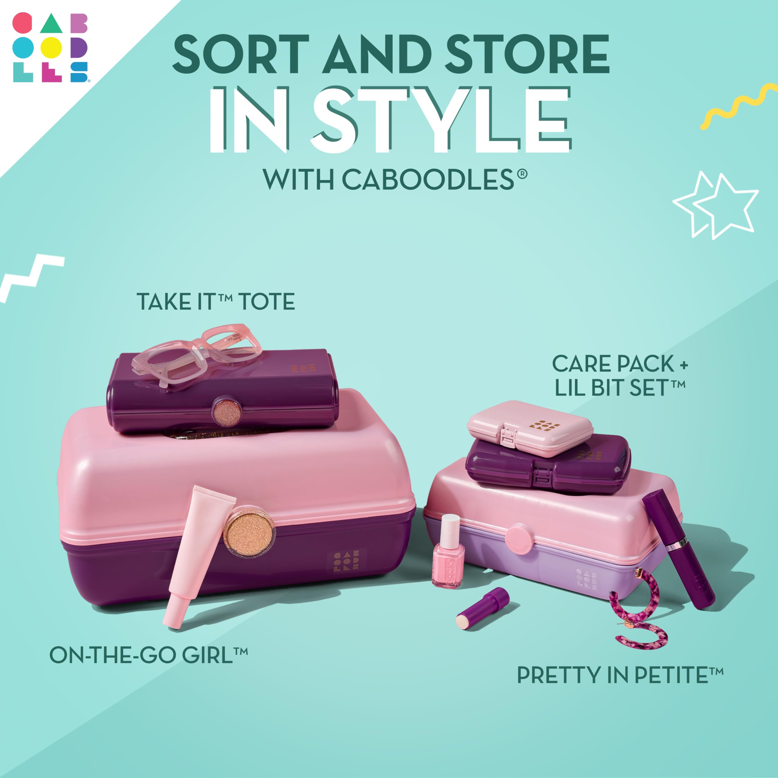 Caboodles Pretty in Petite Makeup Organizer - Two-Tone Seafoam & Lavender Hard Plastic Cosmetic Case with 2 Swivel Trays, Fashion Mirror & Secure Travel Latch | Perfect for Travel, Home Vanity & On-The-Go Makeup Storage