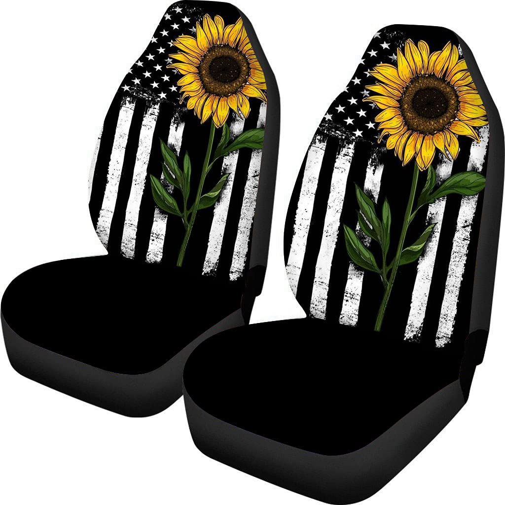 American Flag Sunflower Car Seat Covers for Women - 2-Piece USA Patriotic Sunflower Seat Covers for Cars & Trucks - Perfect for 4th of July, Memorial Day & Road Trips
