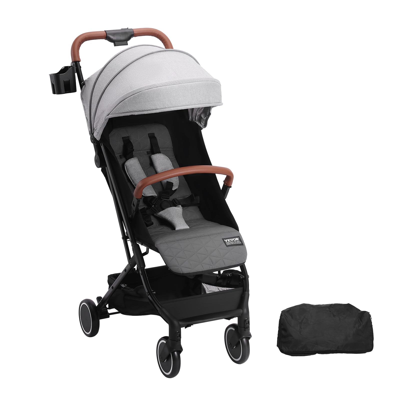 VEVOR Lightweight Baby Stroller with Adjustable Backrest (95°-150°) & Footrest (0°-90°), One-Click Fold, Cup Holder & Carry Bag - Perfect for Newborns & Toddlers - Ideal for Shopping, Travel & Daily Walks (Light Grey)