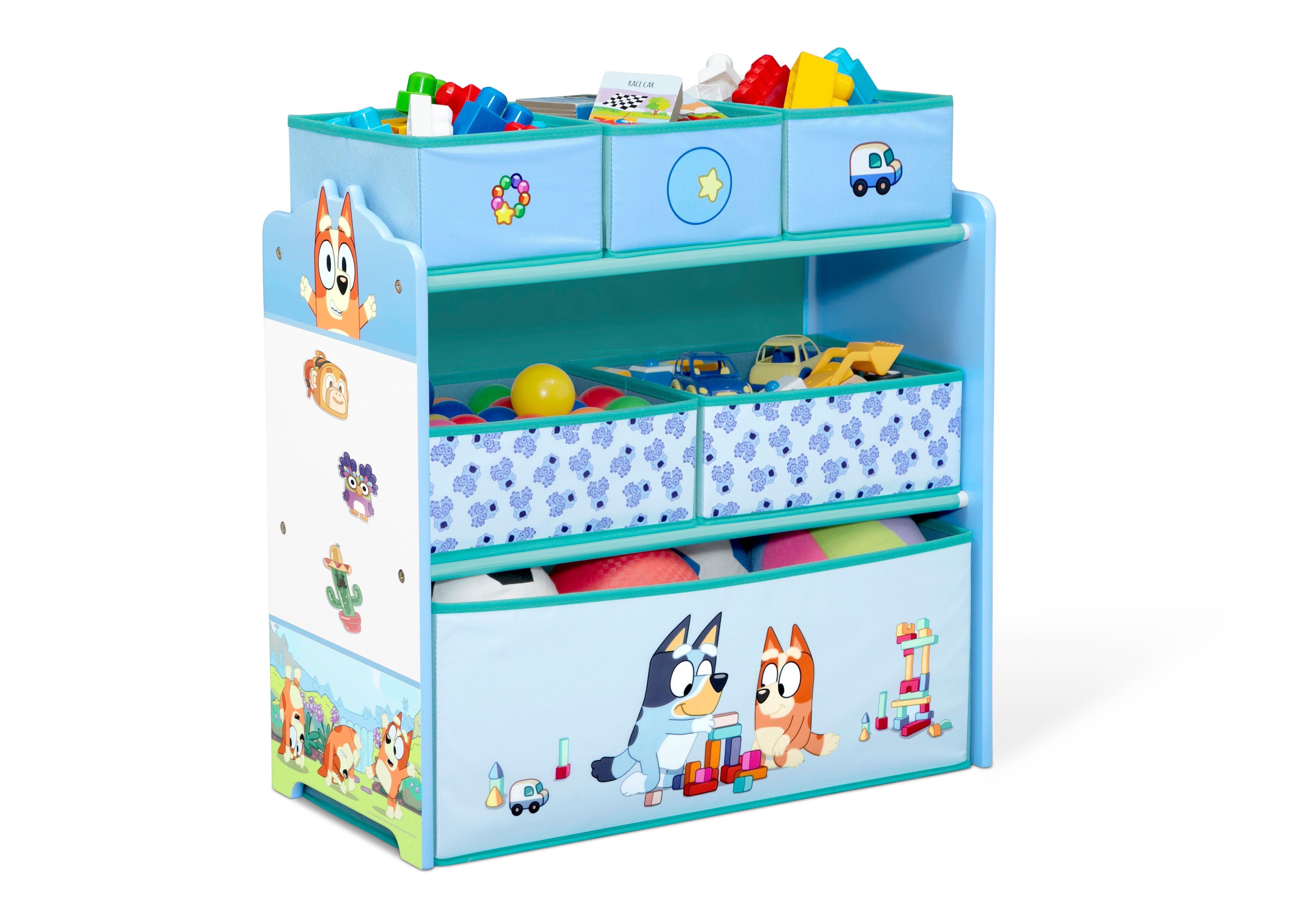 Bluey Themed 6-Bin Toy Storage Organizer for Kids - Durable Plastic Toy Box with Handles for Playroom, Bedroom, and Classroom Organization
