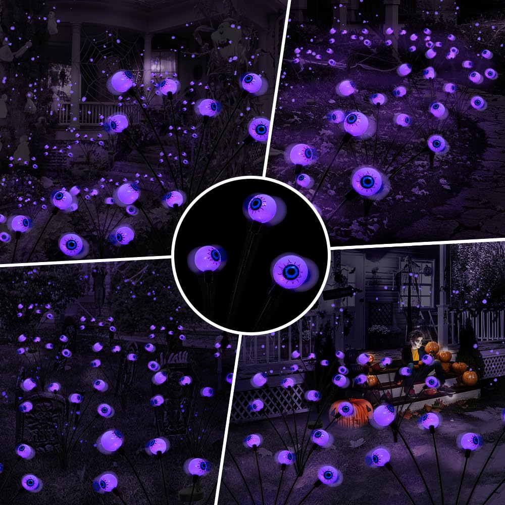 2 Pack Scary Eyeballs Solar Garden Lights - Halloween Outdoor Decor with 12 LED Purple Swaying Firefly, Waterproof Lawn & Patio Party Decorations - Perfect for Spooky Yard, Garden & Halloween Party Decor