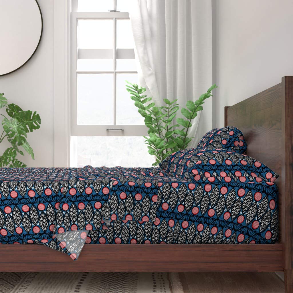 100% Cotton Queen 4-Piece Sheet Set | Africa Inspired Fish Dots Boho Afrocentric Print | Soft Breathable Bedding for Home, Guest Room & Dorm Decor
