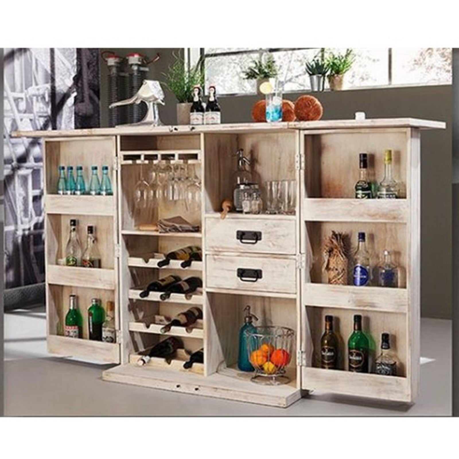 Earth Wood Container Style Bar Cabinet - Solid Wood Large 100x60x130cm - Perfect for Home Bar, Living Room, and Dining Room Decor