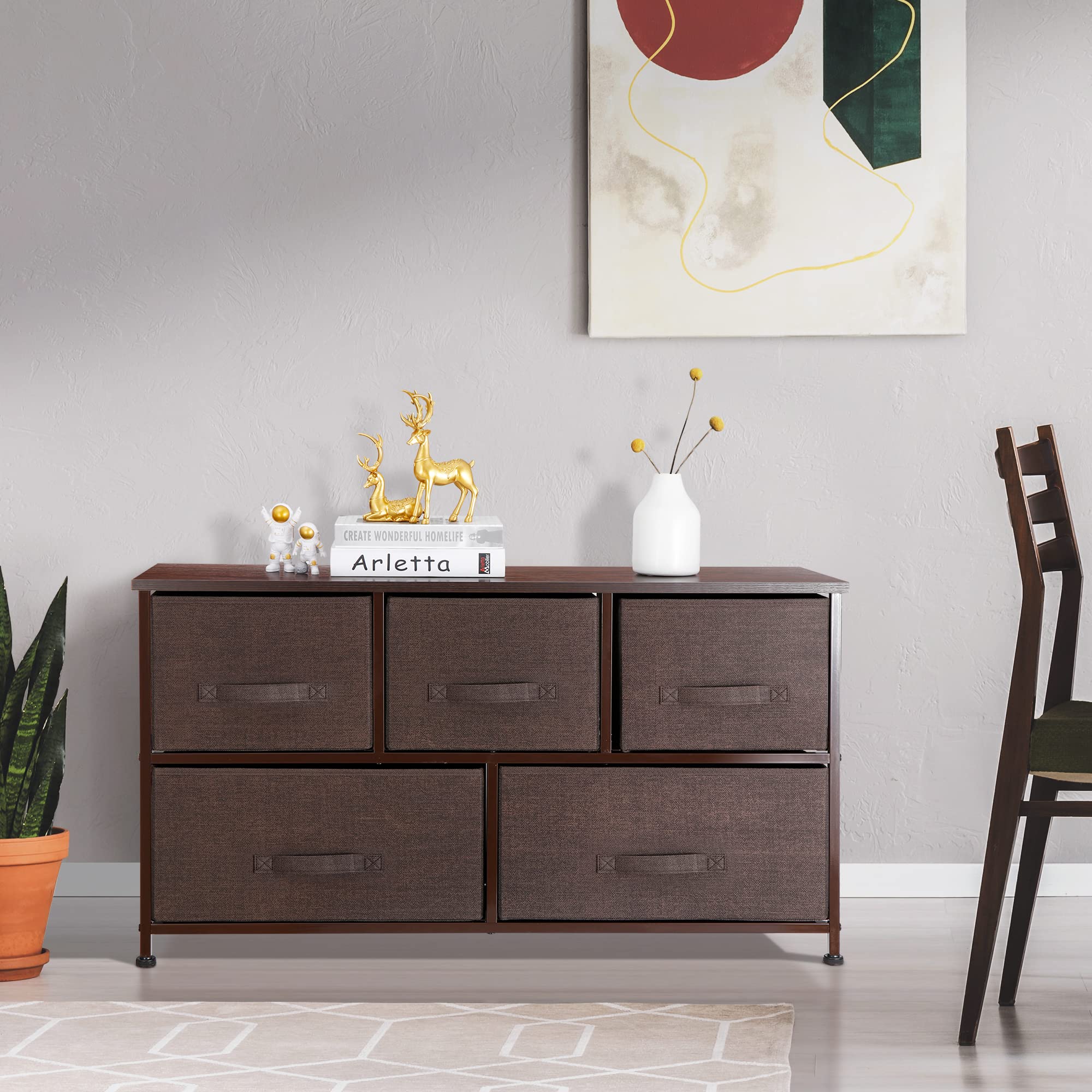 5-Drawer Fabric Dresser Storage Organizer - Sturdy Steel Frame & Wooden Top Closet Organizer for Bedroom, Living Room, Nursery - Deep Basket for Clothes, Toys & Home Organization (Brown)
