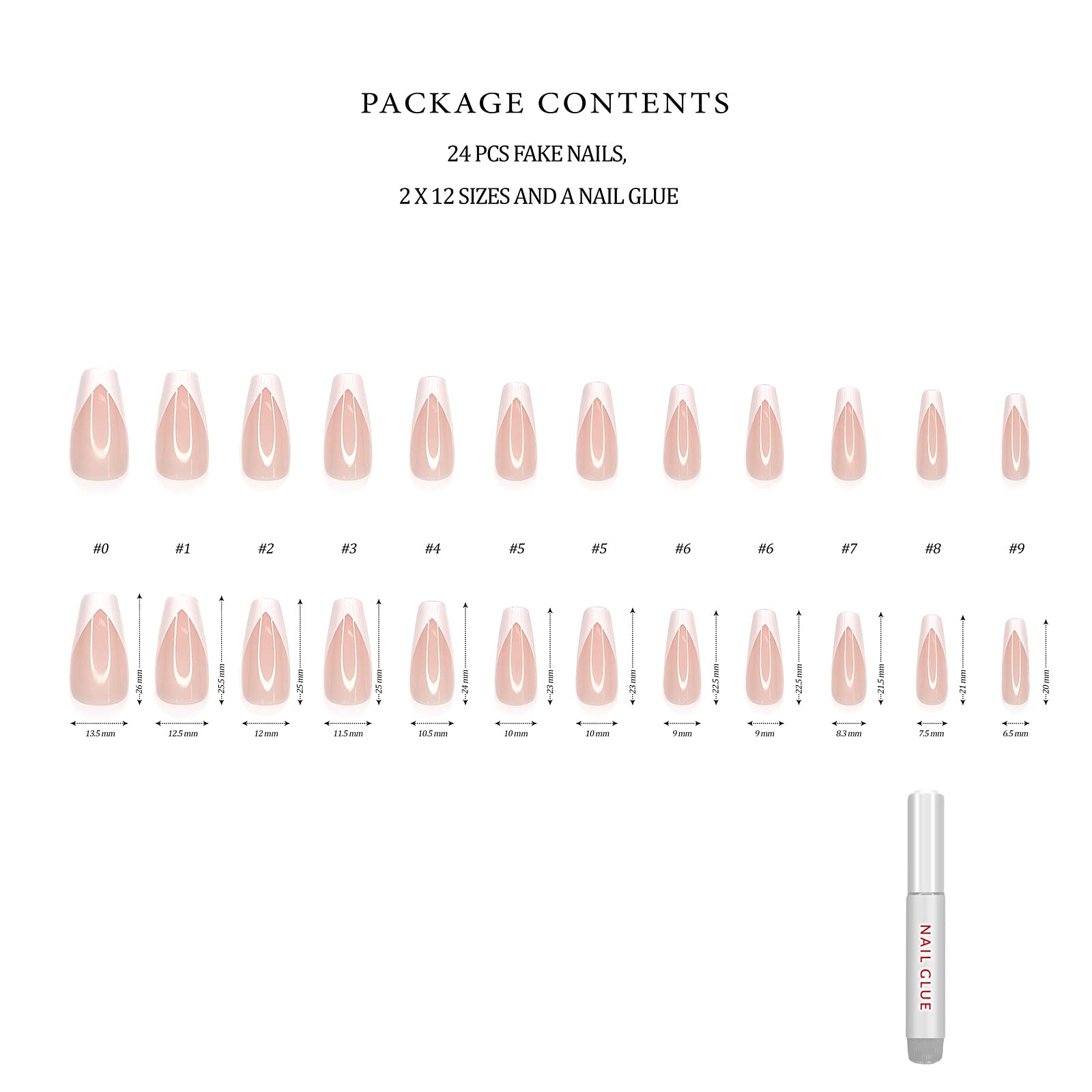 Hypnaughty 24 Pcs Modern White French Coffin Press On Nails - Medium Long Fake Nails with Glue, Nude Base & White French Tips - Perfect for Parties, Weddings & Everyday Wear
