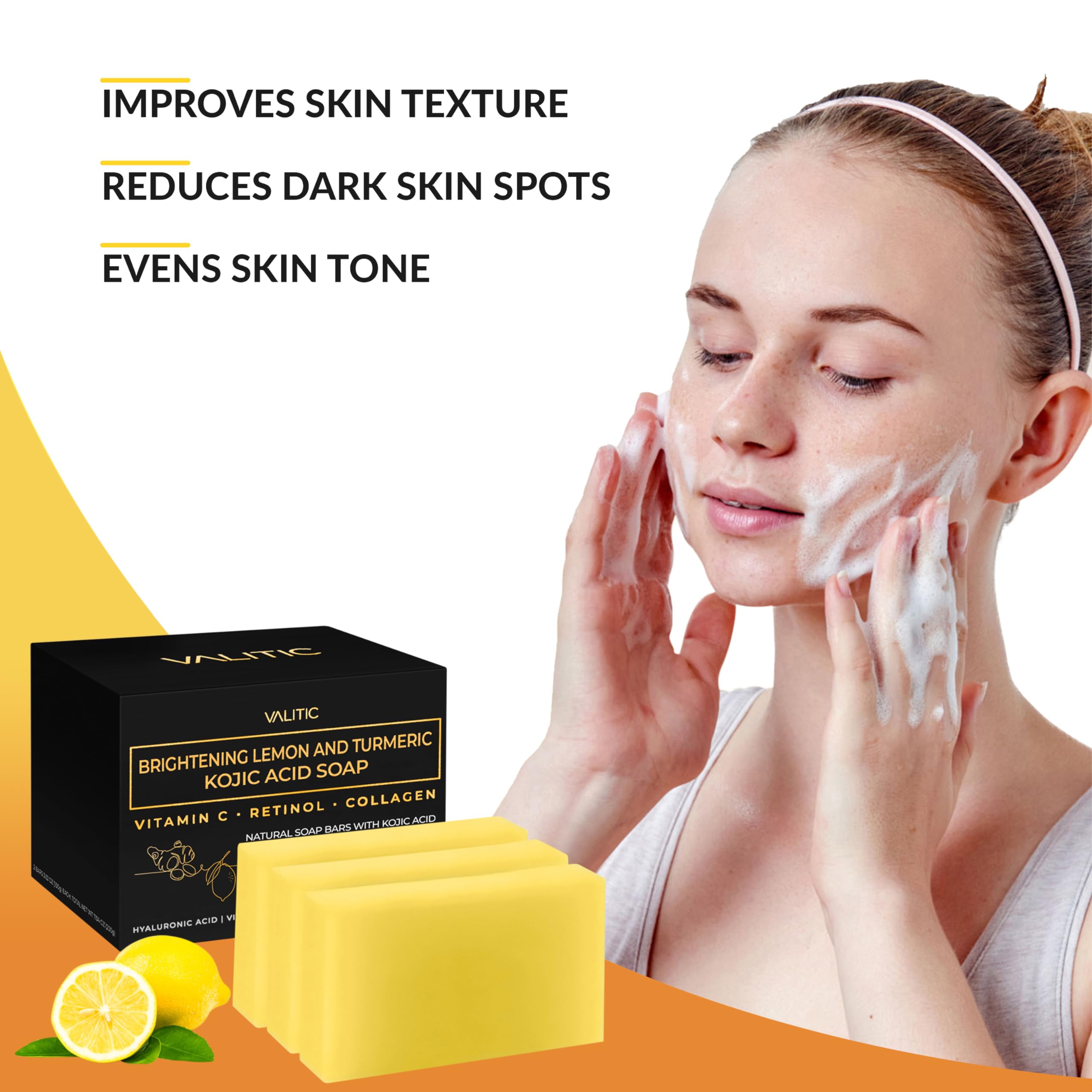 VALITIC Brightening Lemon Turmeric Kojic Acid Soap - Dark Spot Corrector & Skin Lightening Bar with Vitamin C, Retinol & Collagen - 3 Pack Soap Bars + 300 Melting Paper Sheets - Perfect for Acne-Prone Skin & Hyperpigmentation Treatment - Daily Face & Body Cleanser for Glowing Complexion