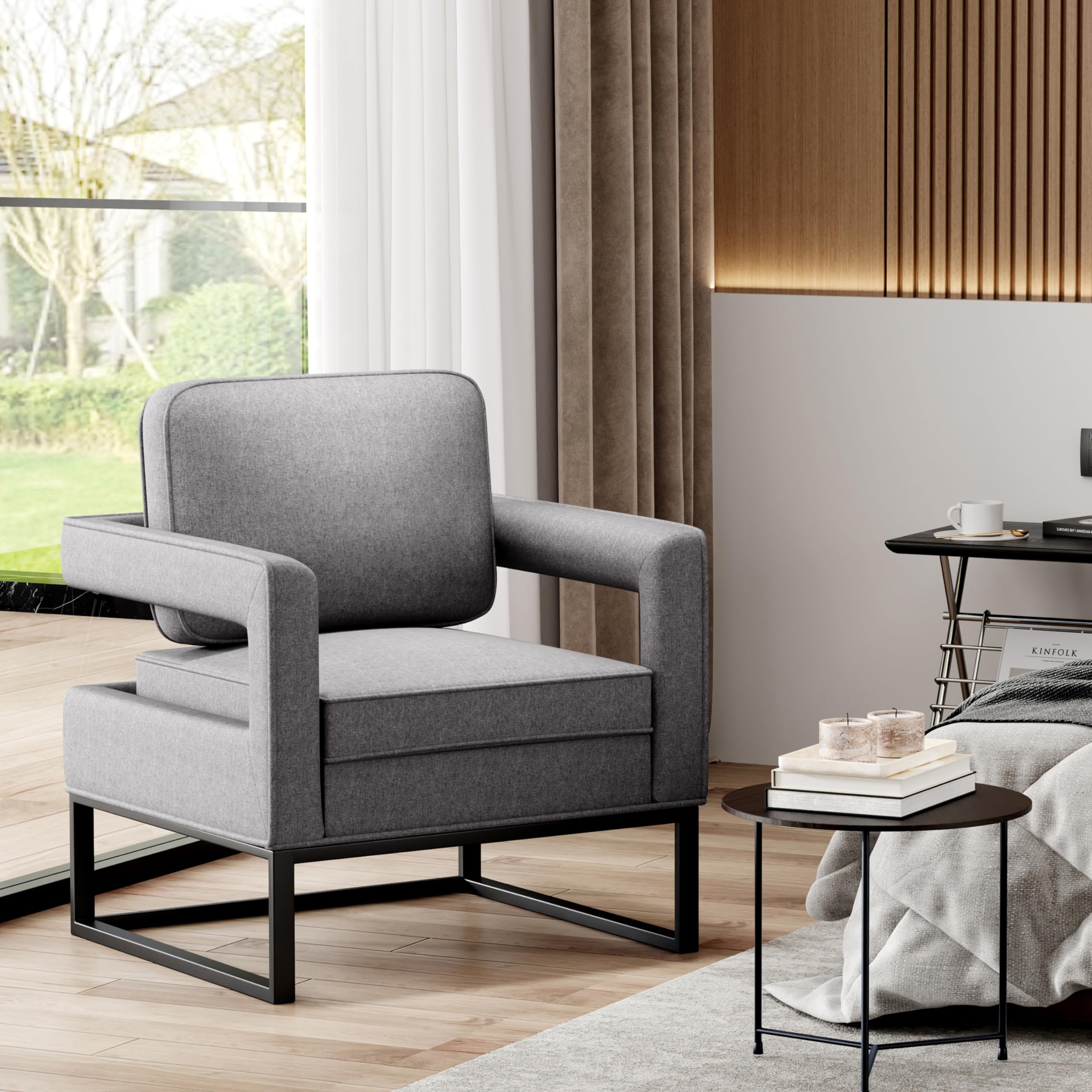 Alunaune Modern Upholstered Accent Chair - Mid Century Armchair with Removable Cushion, Grey Lounge Chair for Living Room, Bedroom & Office - Comfortable Reading Chair and Relaxation Seating