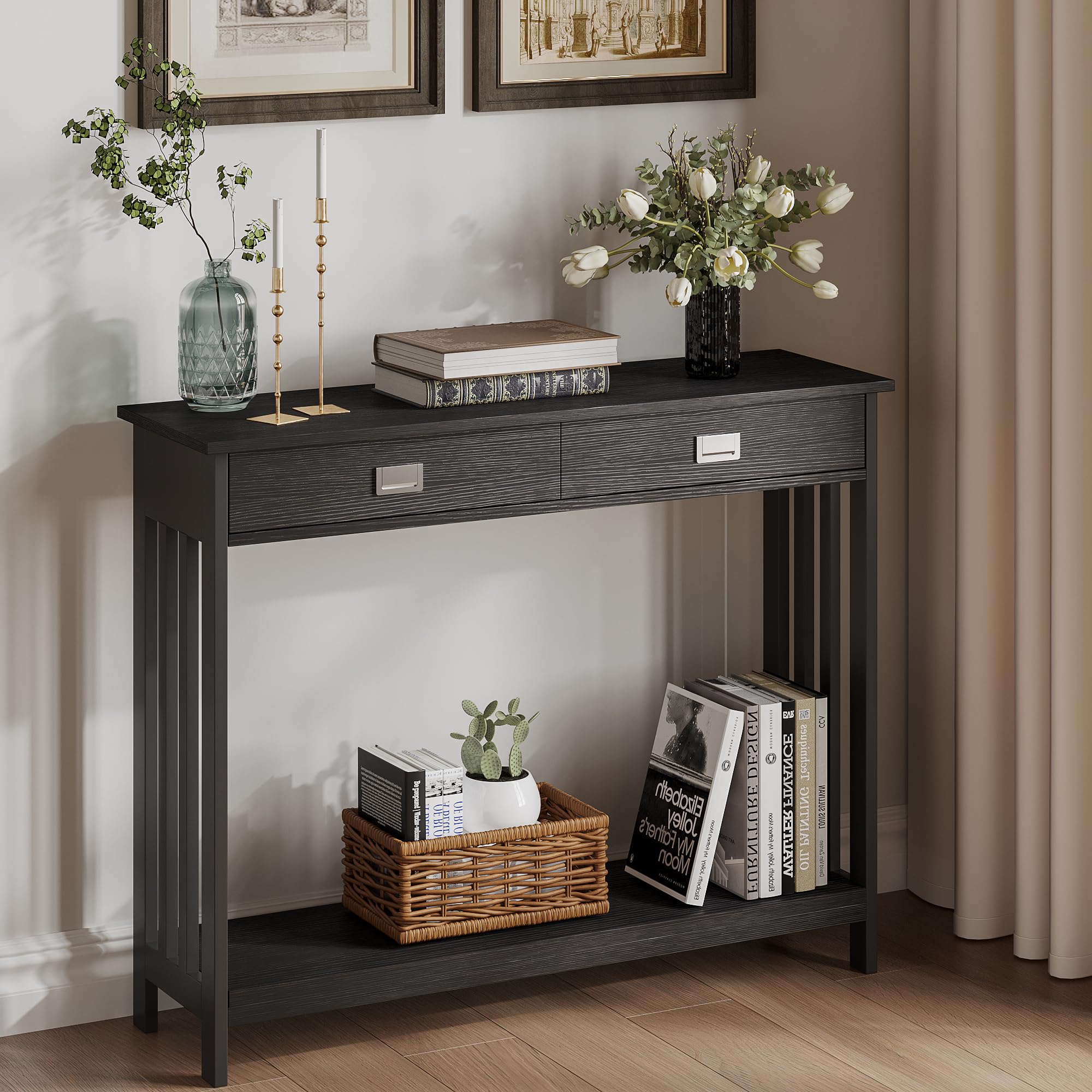 ChooChoo Black Entryway Table with Drawer - Narrow Console Table & Sofa Table with Storage Shelf - Perfect for Entryway, Living Room, Hallway & Small Spaces - Modern Home Decor & Functional Furniture