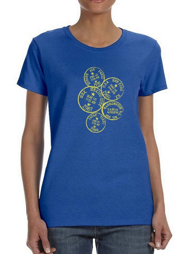 Custom Passport Stamps Women's T-Shirt - Vintage Travel Inspired Graphic Tee for Wanderlust, Vacations & Adventure Lovers