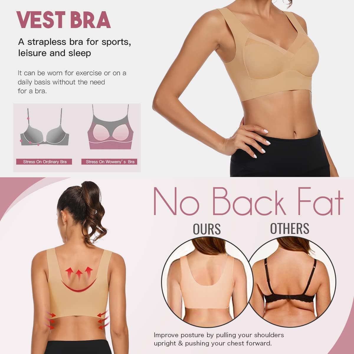 WOWENY Wireless Comfort Bras for Women - Seamless Soft Padded Support Bra with Breathable Mesh, Smoothing Back Design | Perfect for Yoga, Workout & Everyday Wear