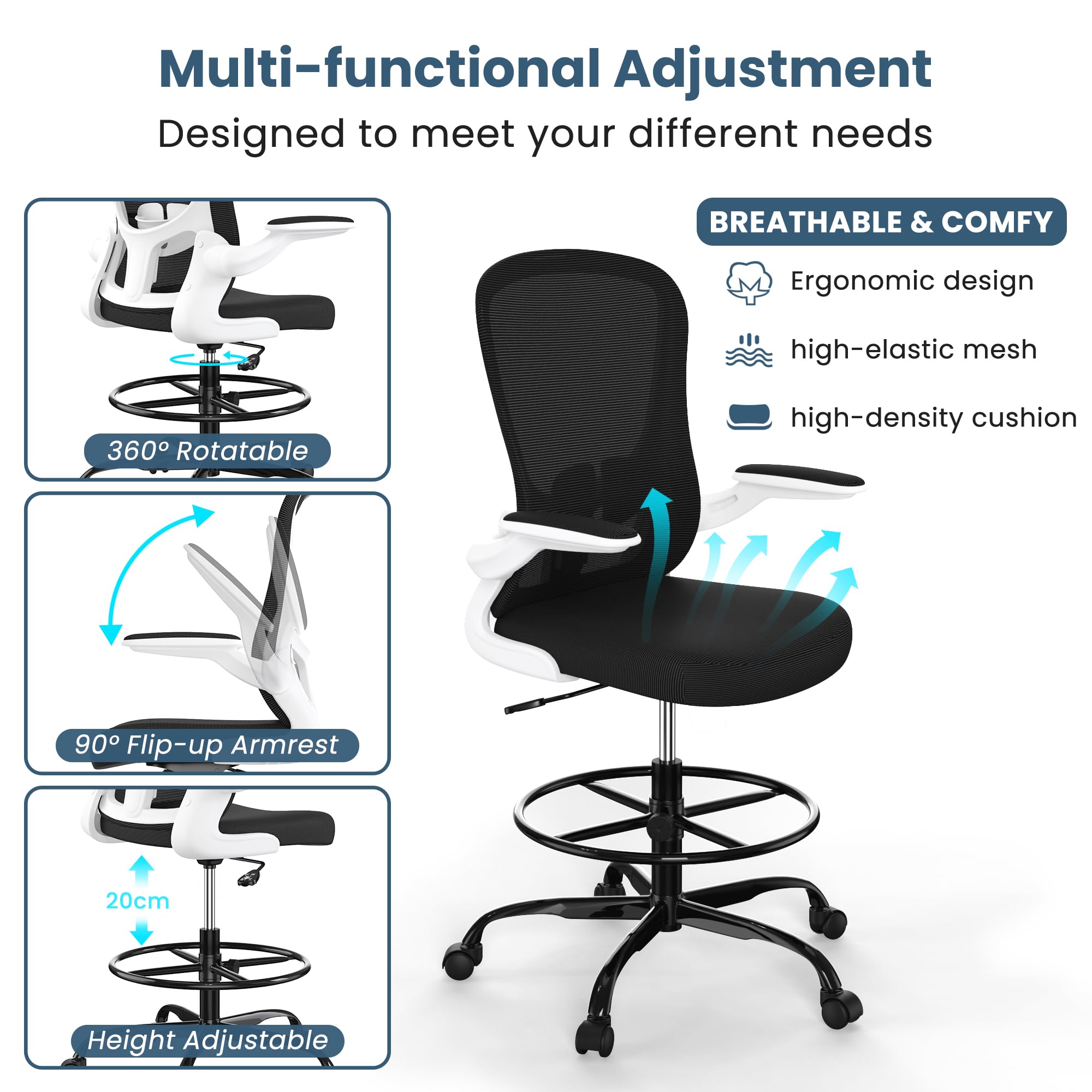 Ergonomic Drafting Chair with Flip-Up Armrests & Adjustable Footrest - Tall Office Chair for Standing Desks - Executive Computer Chair with Lumbar Support - Perfect for Architects, Designers & Home Office Workspaces