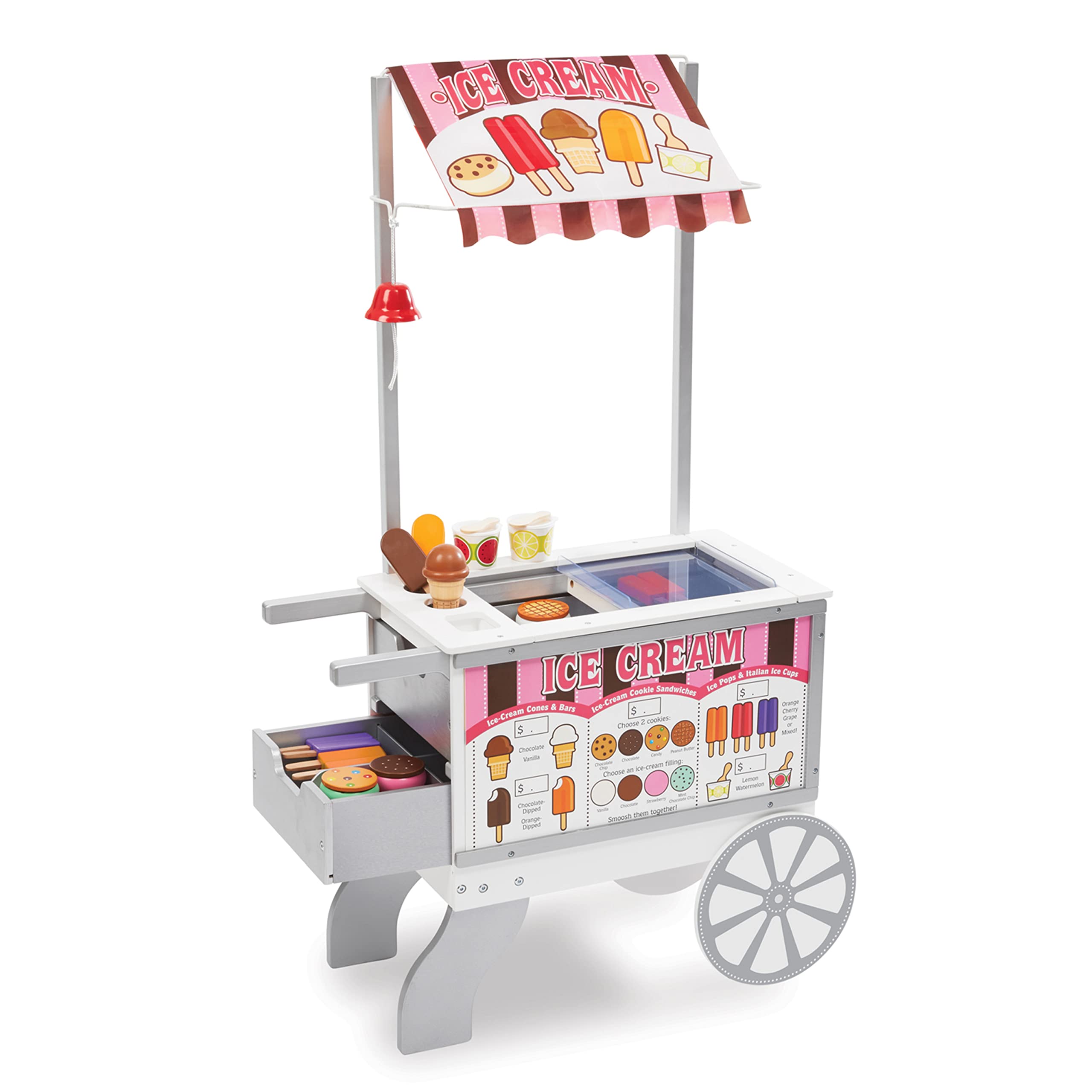 Melissa & Doug Wooden Pretend Play Food Cart with 40+ Pieces - Kids Snacks & Sweets Toy Set, Reversible Awning, Multi-Color Play Kitchen Accessories for Toddlers & Preschoolers - Perfect for Imaginative Play, Birthday Gifts & Daycare Learning Activities