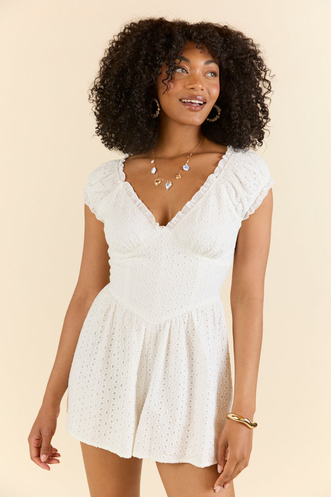 Ever After White Eyelet Romper - Floral Lace Trim Summer Jumpsuit for Women | Perfect for Beach Vacations, Garden Parties & Date Nights