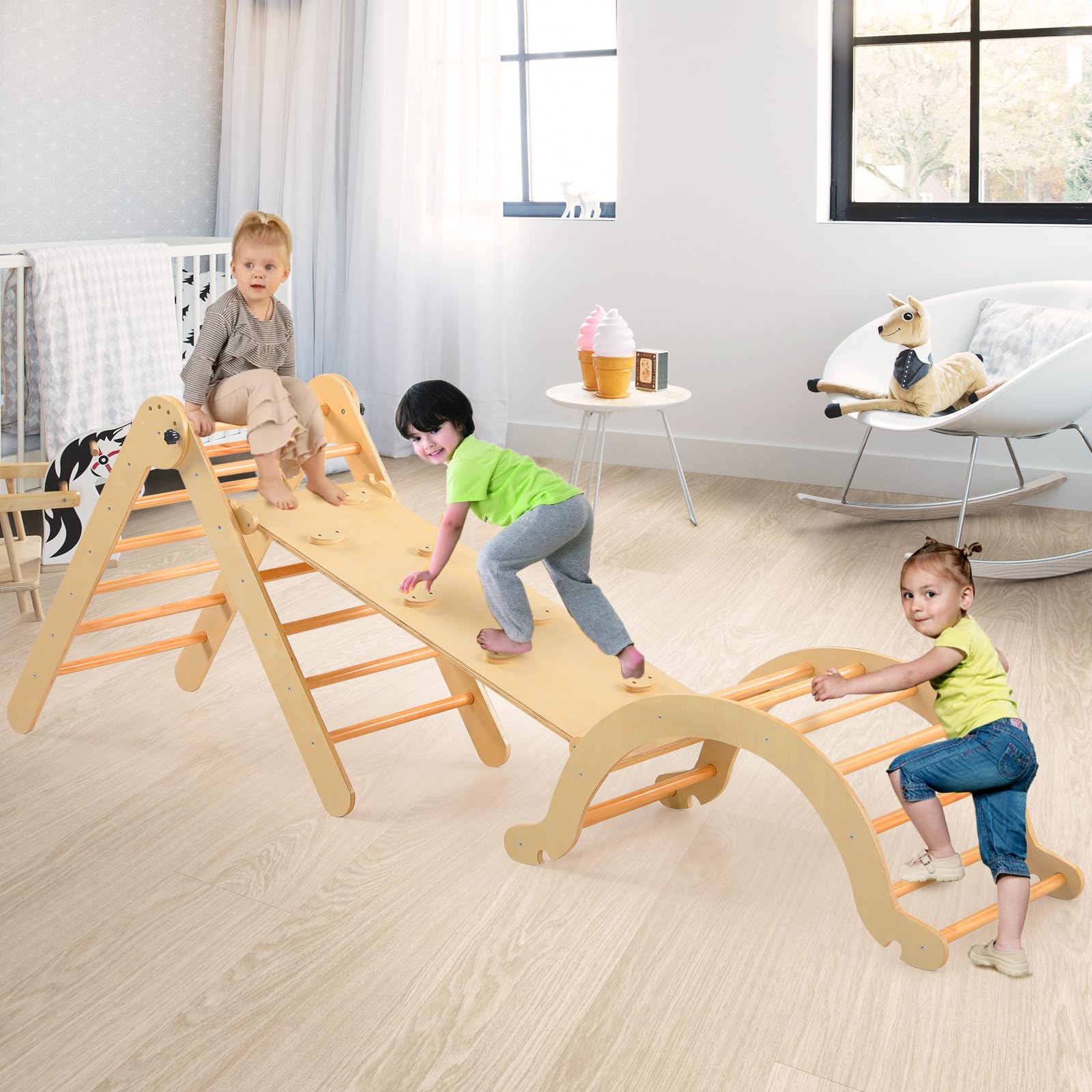 7 in 1 Wooden Pikler Triangle Set for Toddlers - Montessori Foldable Climbing Toys with Arch, Ramp & Triangle | Indoor/Outdoor Play Equipment for Kids' Early Learning & Physical Development | Perfect for Home Playroom, Daycare or Backyard Activities