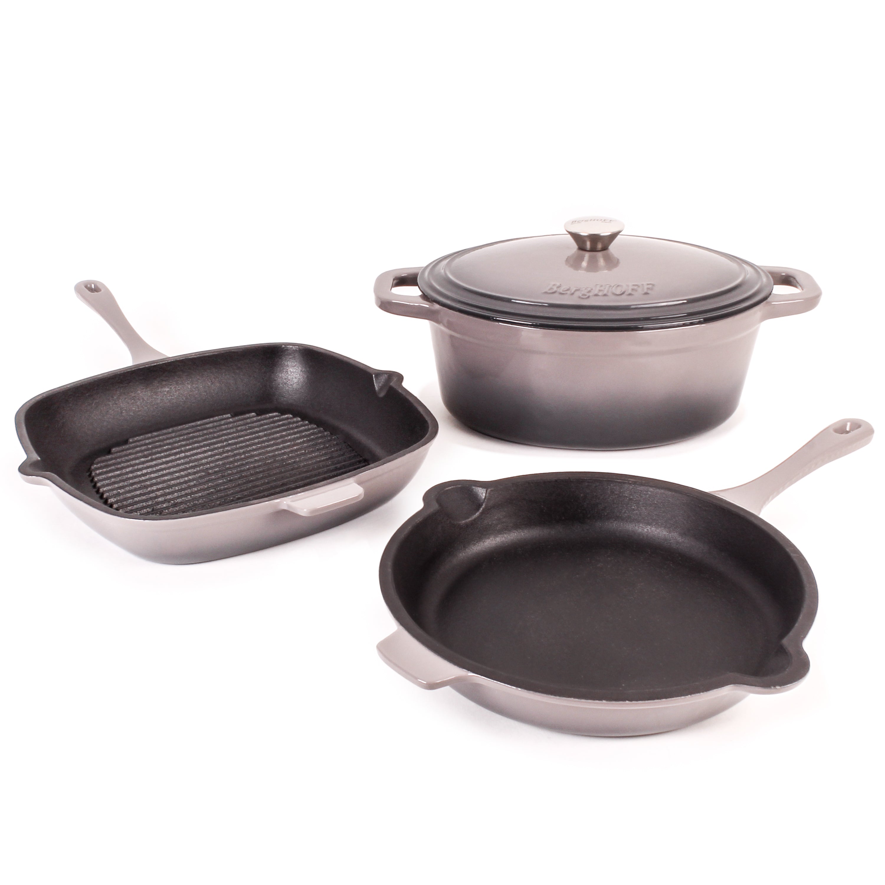BergHOFF Neo 4-Piece Cast Iron Cookware Set - Grill Pan, Fry Pan & Oval Dutch Oven for Oysters | Premium Kitchen Cookware for Grilling, Frying & Braising | Perfect for Home Chefs & Outdoor Cooking