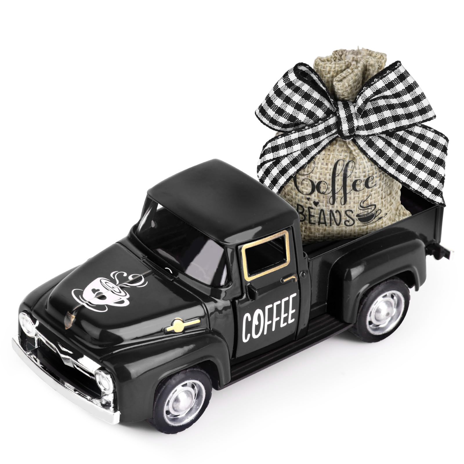 Vintage Metal Coffee Truck Decor with Burlap Sack - Rustic Farmhouse Kitchen & Coffee Bar Accessories for Home, Cafe, or Coffee Shop Display | Perfect for Coffee Station, Barista Corner, and Gift Ideas