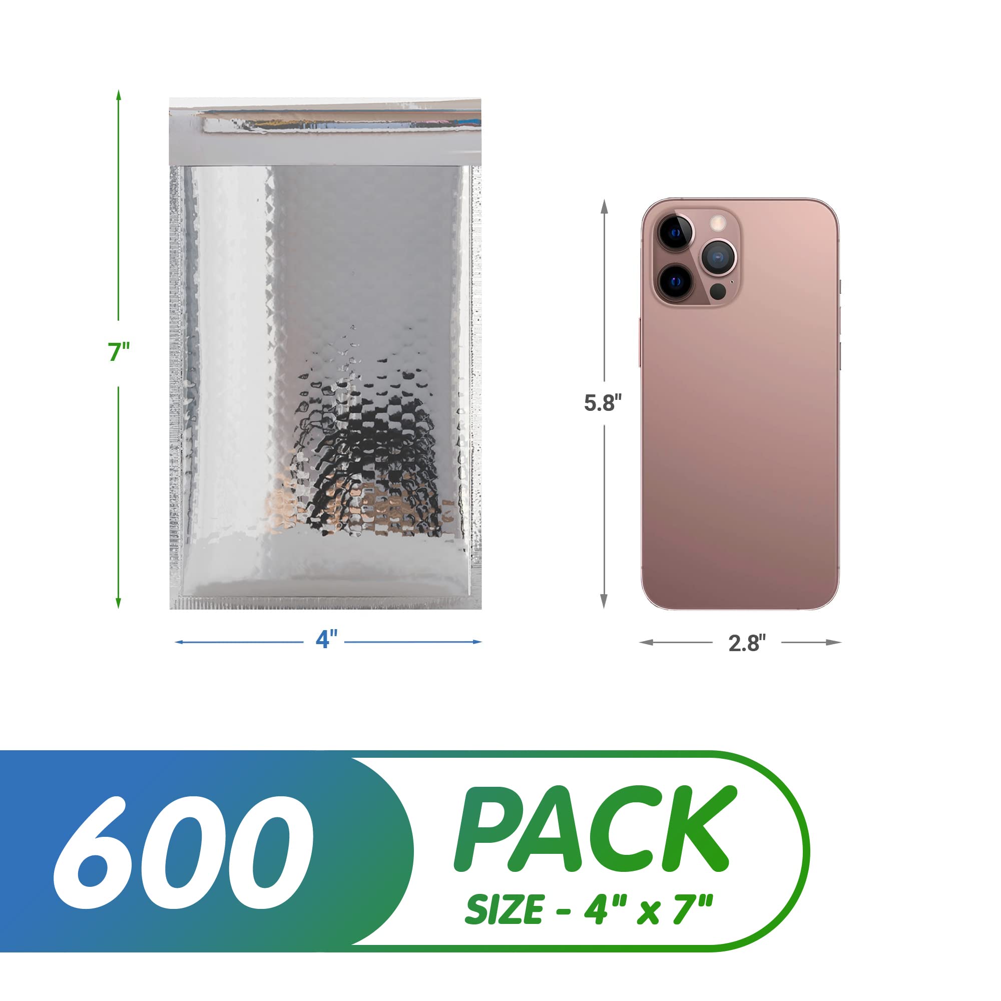 600 Pack Silver Metallic Bubble Mailers 4x7 Inches - Waterproof Padded Shipping Envelopes for Fragile Items | Durable Foil Mailers for Ecommerce, Jewelry, Cosmetics & Small Business Shipping