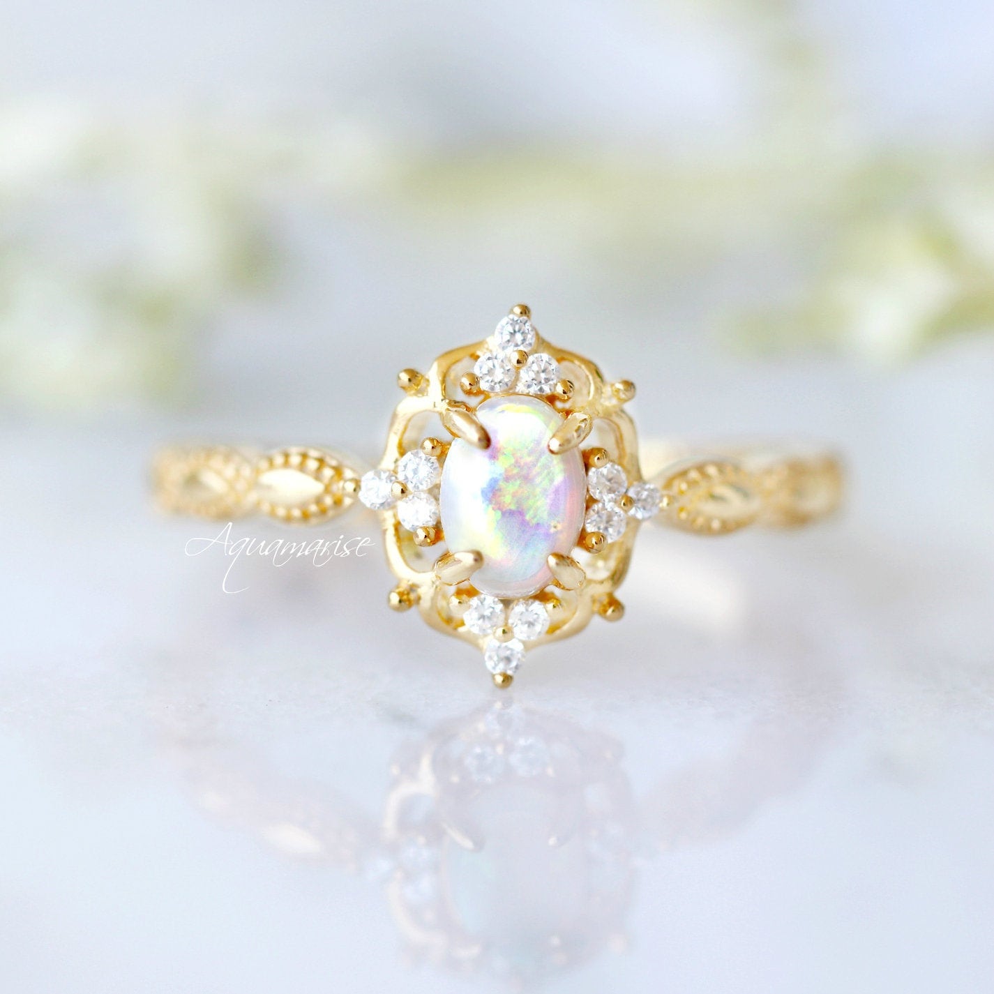 Claire Australian Opal Ring 14K Yellow Gold Vermeil - Elegant Birthstone Jewelry for Women, Perfect Gift for Anniversary, Birthday & Special Occasions