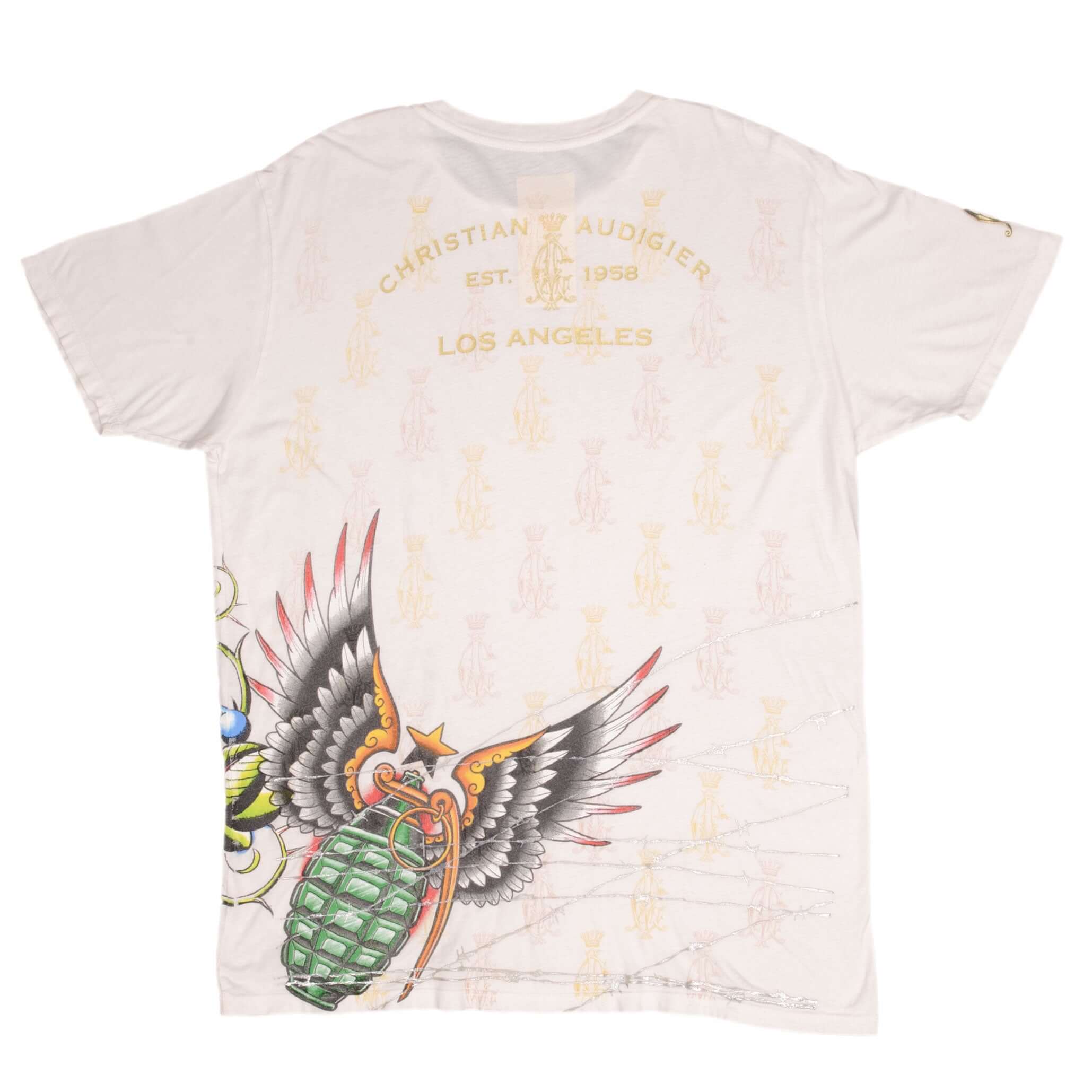 Vintage Christian Audigier All Over Print T-Shirt - 2000s Retro Graphic Tee - Made in USA - Size Large - Casual Wear & Street Style Fashion