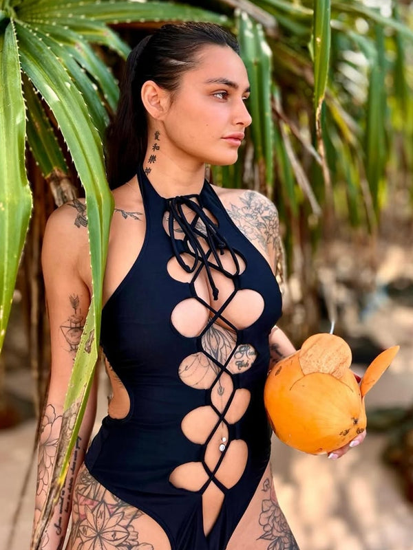 ZASUWA Women's Hollow Out Halter One Piece Swimsuit - Roman Knot Design for Beach, Pool, and Summer Vacation