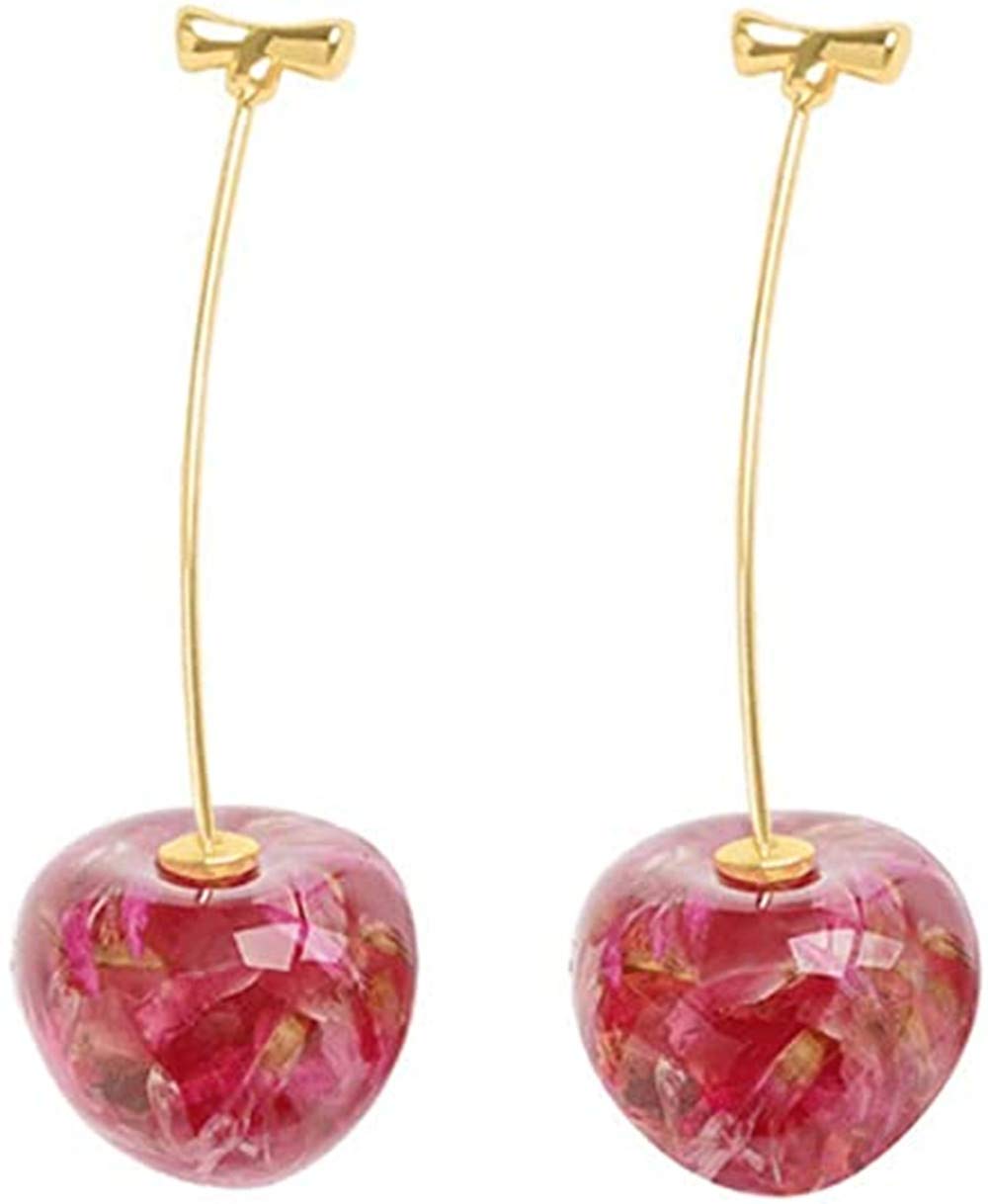 3D Pink Cherry Drop Earrings for Women - Cute Fruit & Dried Flower Gold Resin Dangle Earrings - Elegant Charm Jewelry Gift for Girls - Perfect for Parties, Weddings & Everyday Wear