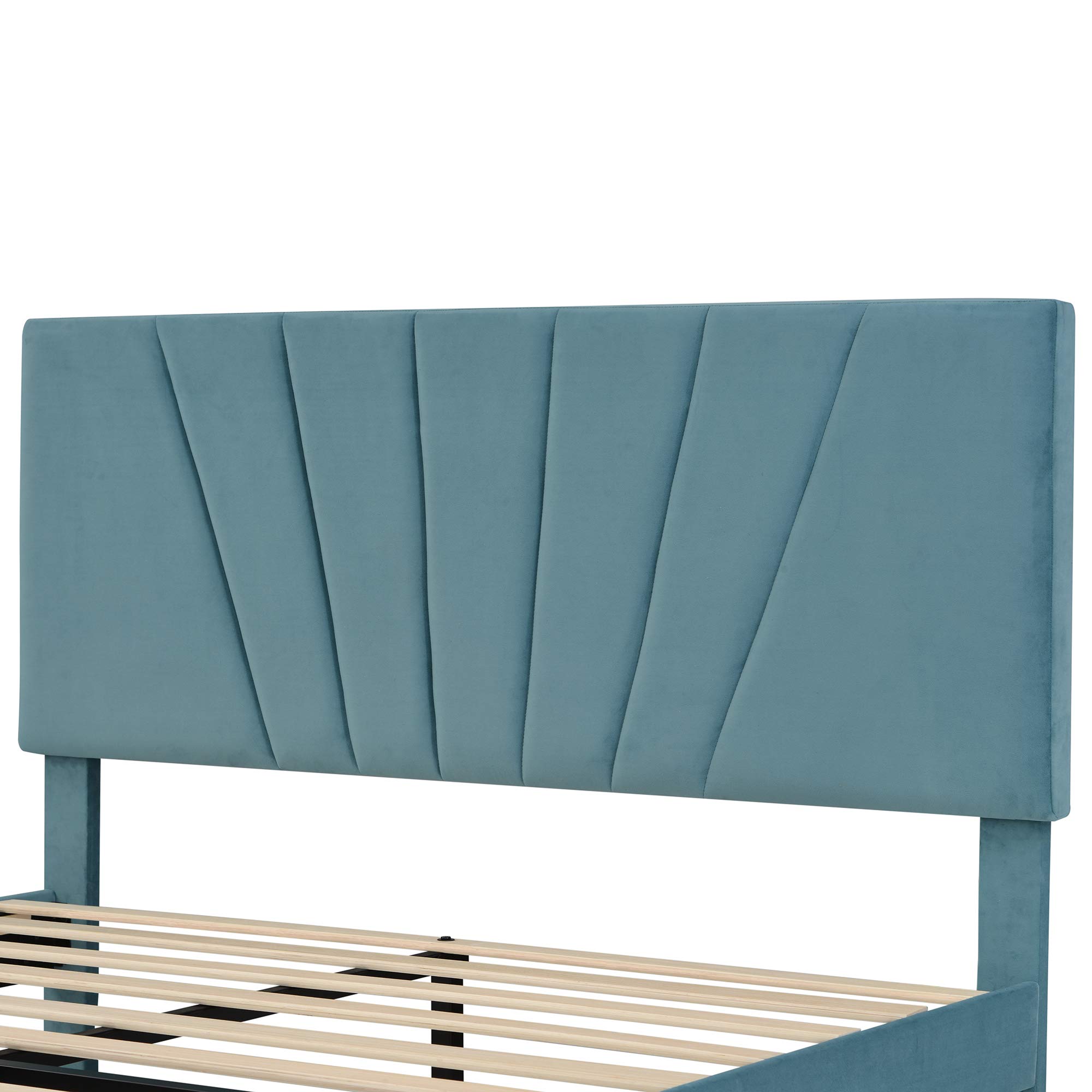 Modern Blue Velvet Queen Upholstered Platform Bed Frame with Storage Drawer & Headboard - Wood Slat Support, Elegant Panel Design Mattress Foundation for Bedroom, Guest Room | Perfect for Small Spaces & Luxury Home Decor