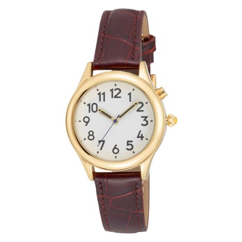 Unisex Gold One Button Talking Watch with Brown Leather Band - Easy-to-Use Talking Watch for Visually Impaired & Seniors - Perfect for Daily Use, Gifts & Accessibility Needs
